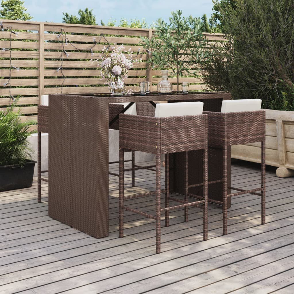 vidaXL Gartenlounge-Set 5-tlg. Gartenbar-Set mit Kissen Braun Poly Rattan, (5-tlg)
