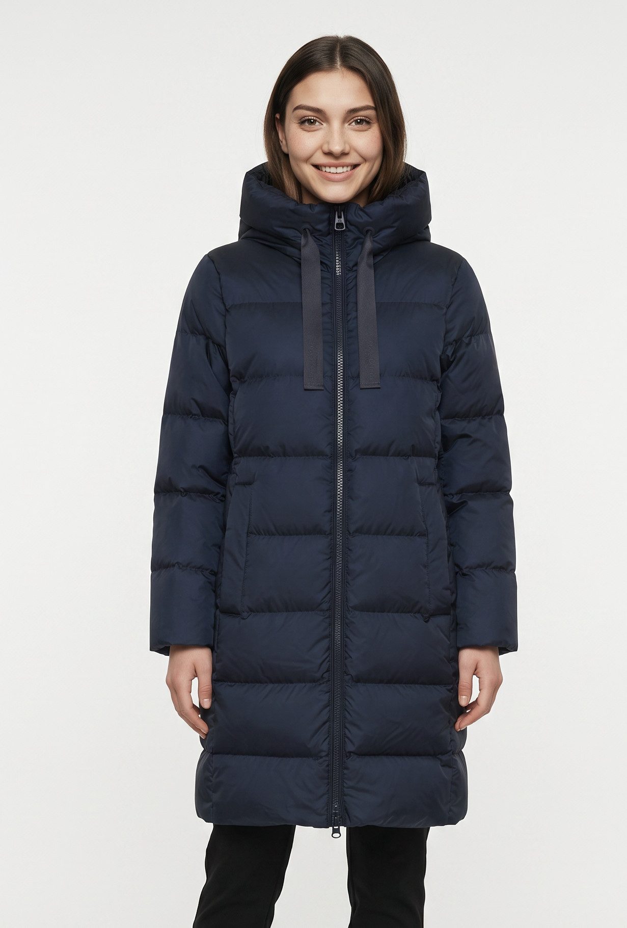 Marc O'Polo Daunenmantel mit 2-Way-Zipper, großer Kapuze und Label-Band