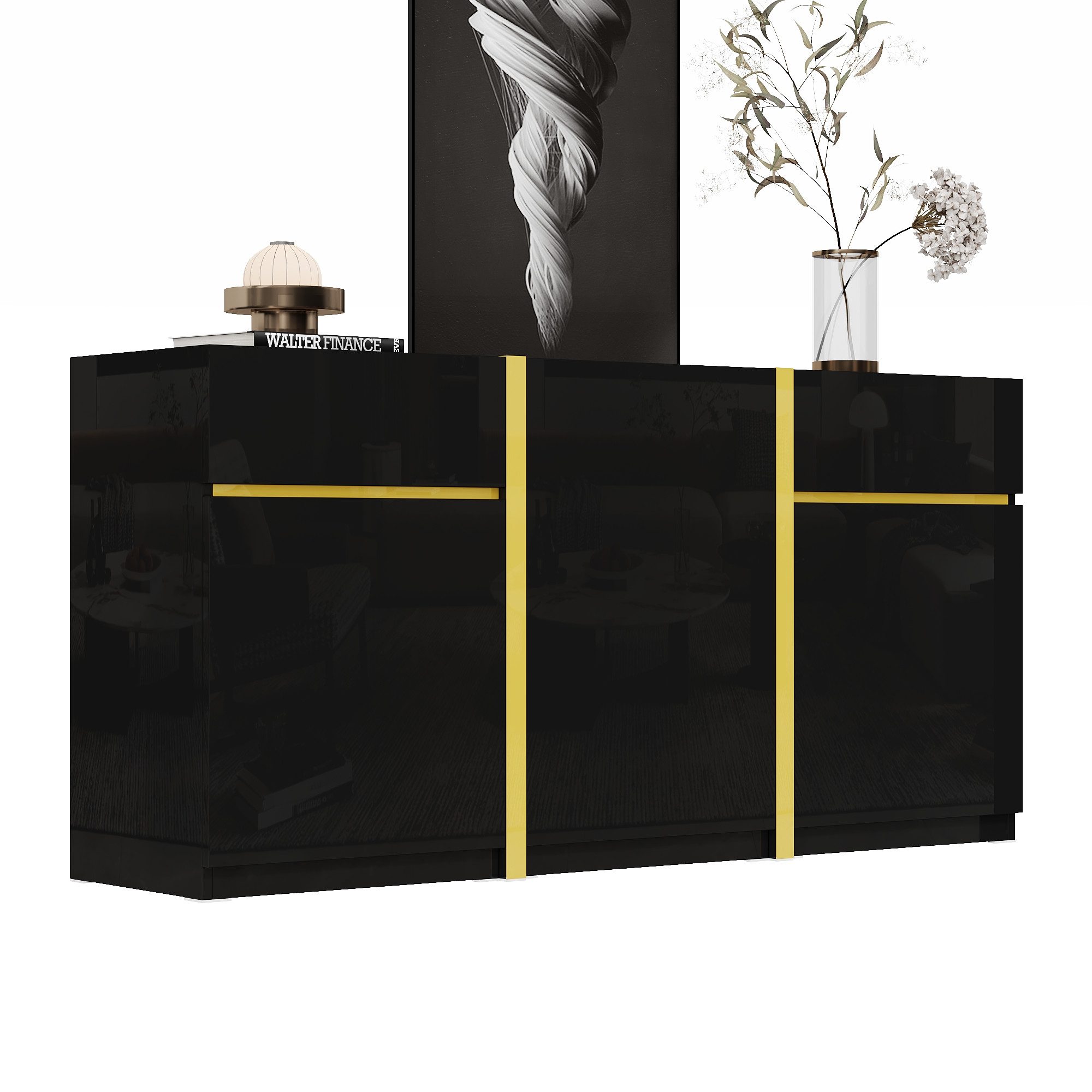 Refined Living Sideboard Hochglanz Sideboard 160 cm, 3 Türen, 2 Schubladen, Stauraum (Schwarz, Hochglanz Sideboard 160x40x78 cm, 3 Türen, 2 Schubladen, 1 St., verstellbare Böden, goldene Details, modernes Design), für Wohnzimmer, Esszimmer, TV-Schrank, Stauraum, MDF, PB, pflegeleicht