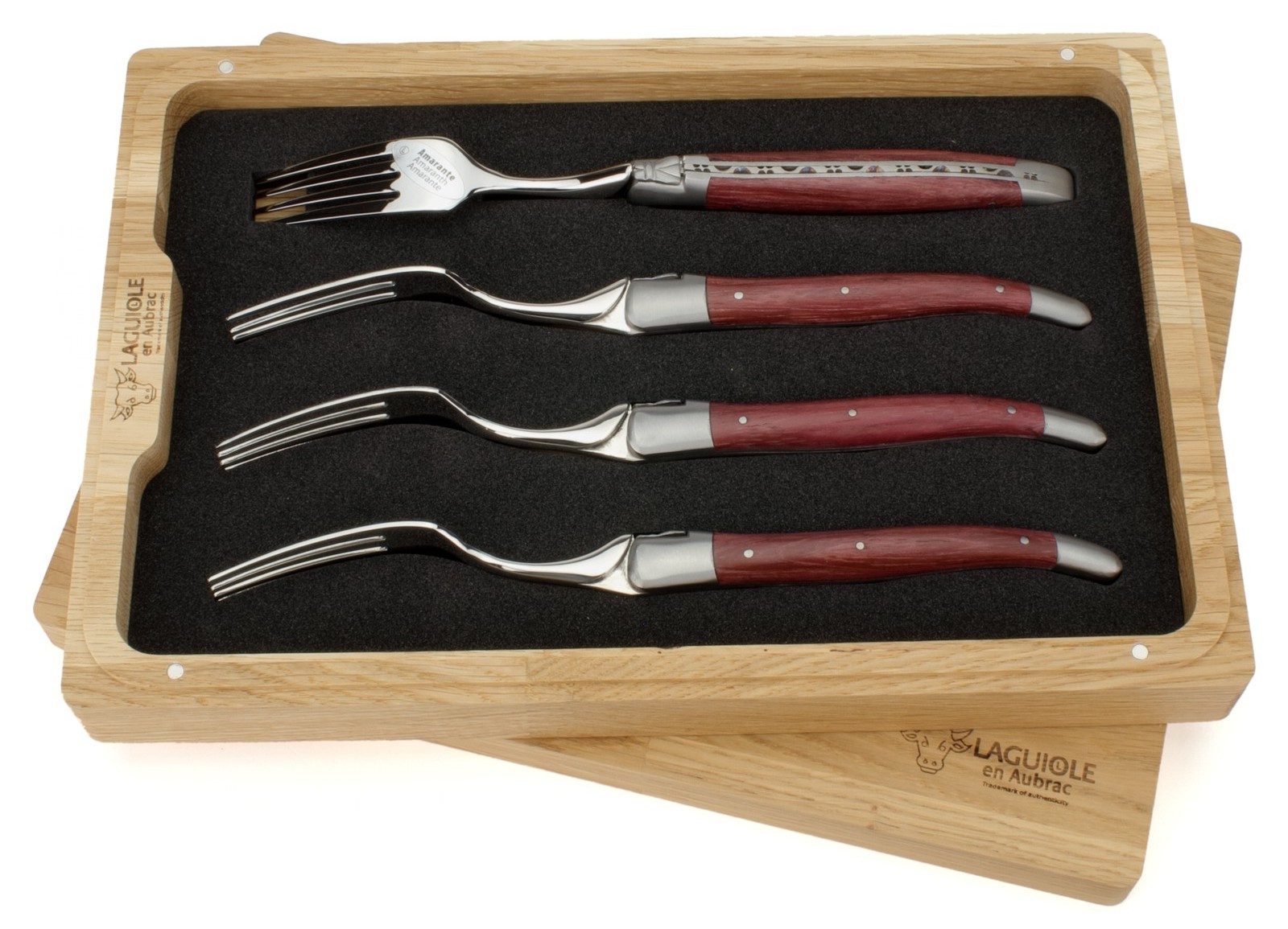 Laguiole en Aubrac Steakbesteck 42F99ATIF, 4 Gabeln - Griff Amaranth - Backen matt - Gabelteil Stahl glänzend
