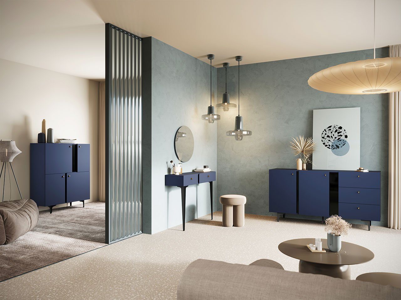 MIRJAN24 Wohnzimmer-Set Colours IV, (Komplett-Set, Marineblau Konsolentisch, Spiegel), Füße Kombikommode, Griffe und aus Metall Türkommode