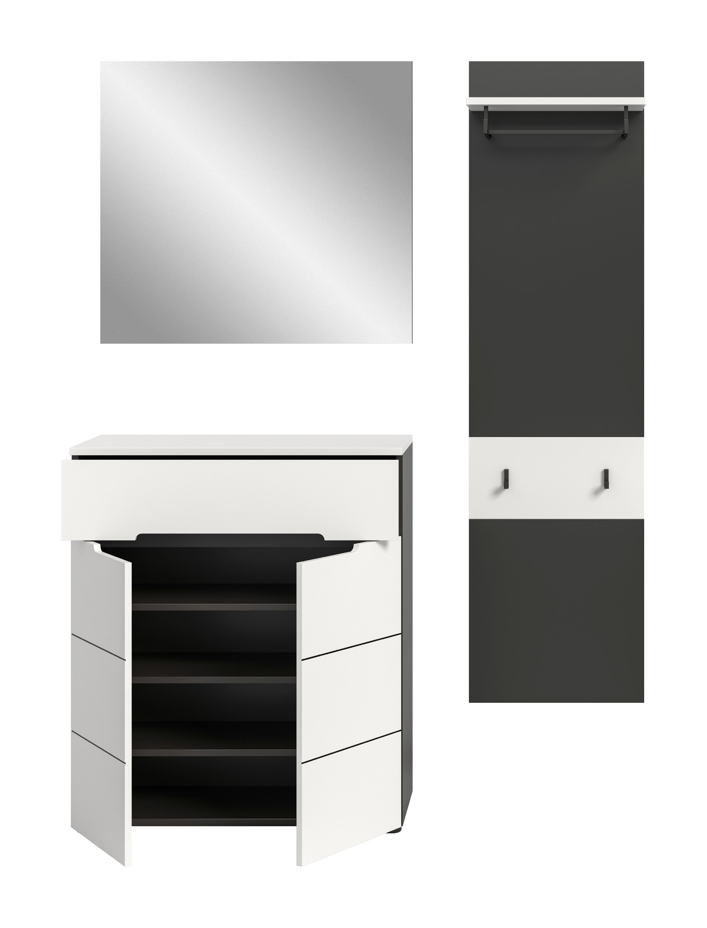 xonox.home Garderoben-Set Canu, (3tlg. Set inkl. Paneel, Schuhkommode, Spiegel), Basalt grau Nachbildung Melamin beschichtet modern 140x190x37 cm