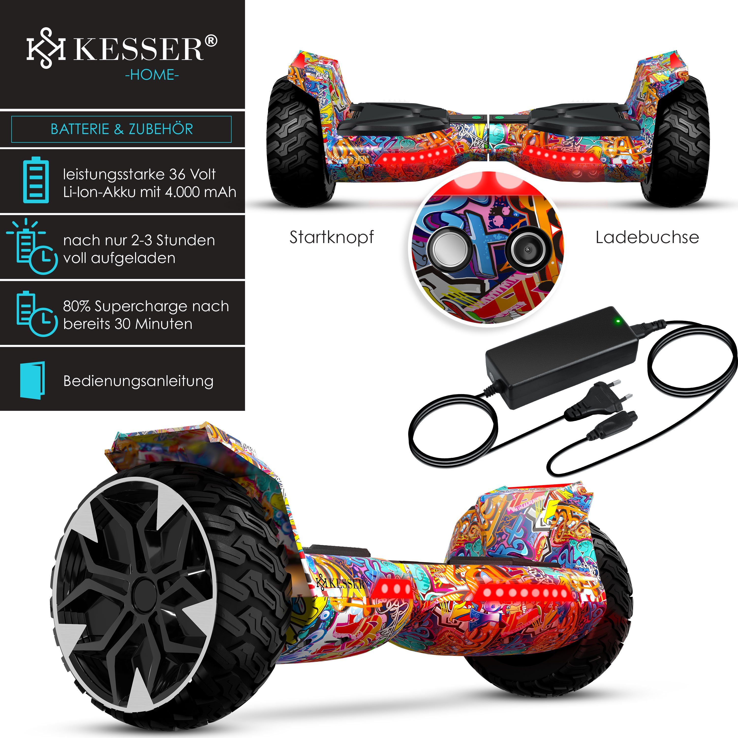 KESSER Balancetrainer, Hoverboard 8,5 Zoll 800 mit Bluetooth Lautsprecher, LED Licht