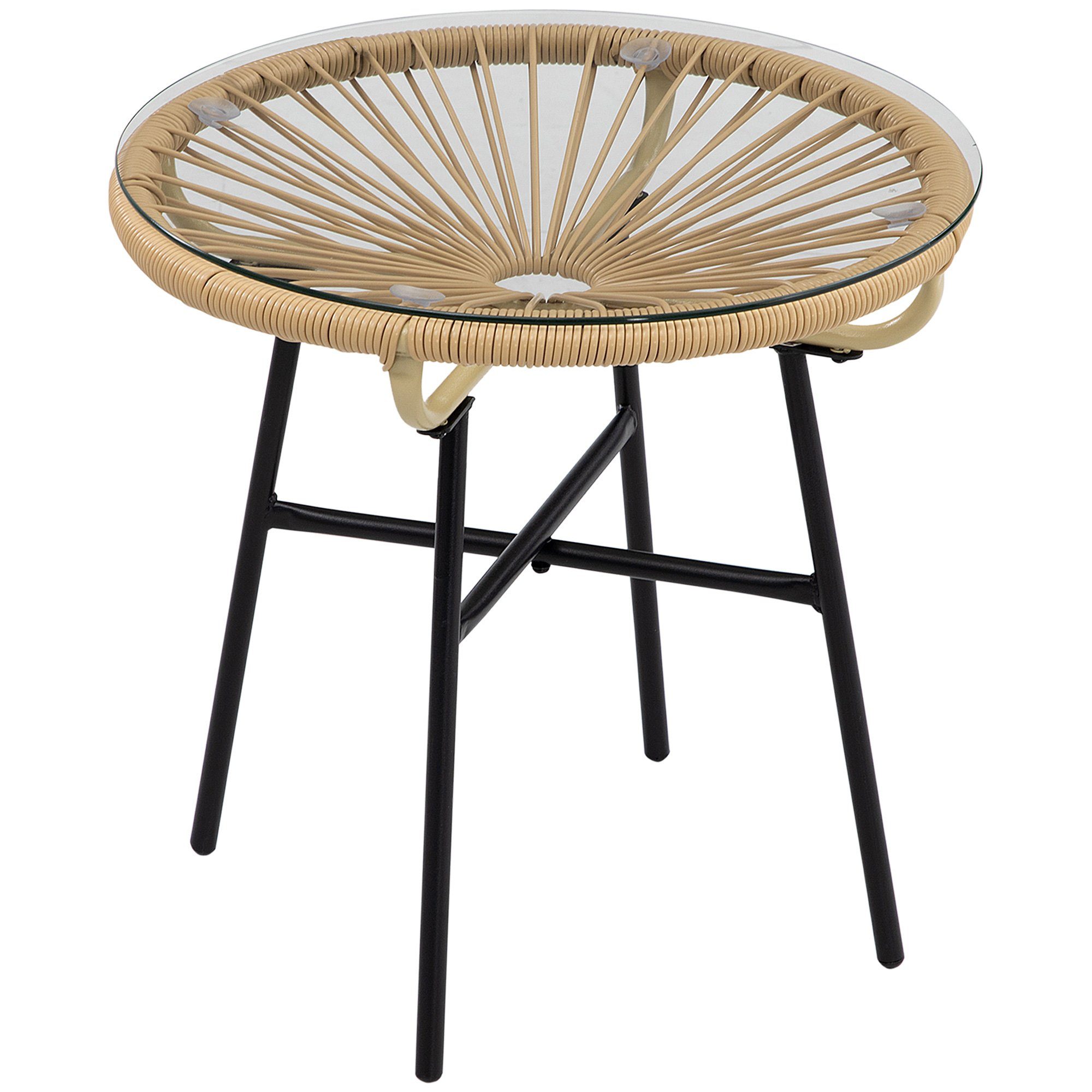 Outsunny Gartentisch Kaffeetisch mit Glastischplatte (Ratten Beistelltisch, 1-St., Runder Gartentisch), Beige, Ø50 x 50 cm