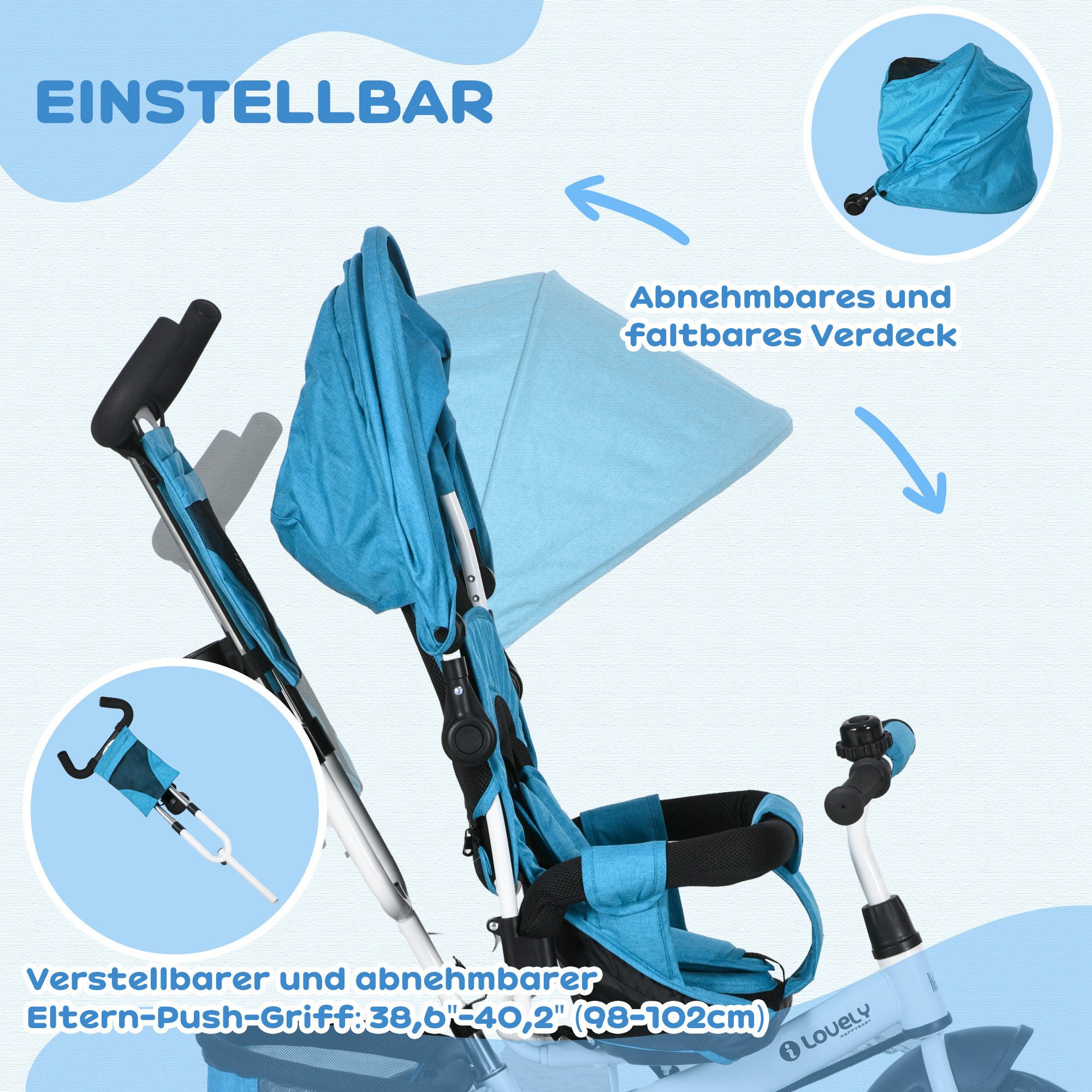 HOMCOM Dreirad 6-in-1 Kinderdreirad mit Schubstange, für 1-5 Jahre bis 25kg, blau, abnehmbarem Verdeck, 5-Punkt-Sicherheitsgurt – Bild 5 von 5