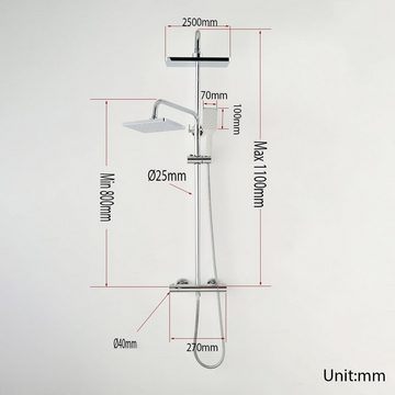 Plumbsys Duschsystem 304 rostfreier Stahlmit Thermostat Wassersparend, mit Handbrause und t Kopfbrause Rechteckig,Thermostat Duschset