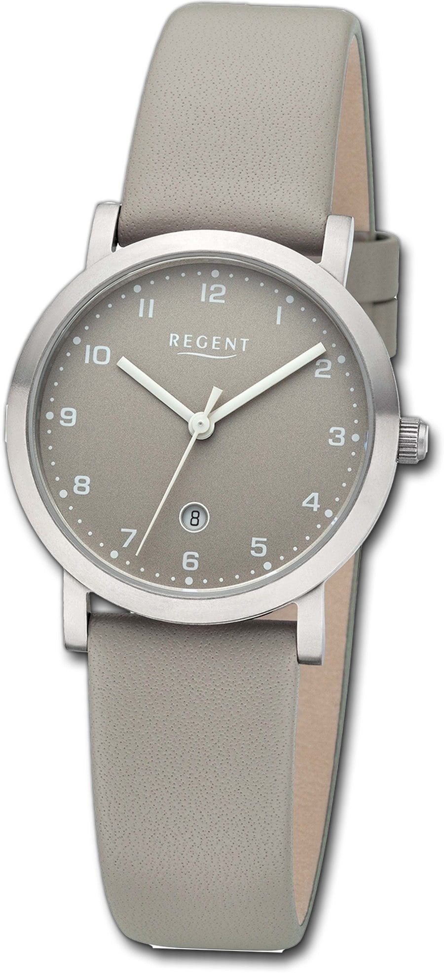 Regent Quarzuhr Regent Damen Armbanduhr Analog, Damenuhr Lederarmband grau, rundes Gehäuse, extra groß (ca. 30mm)