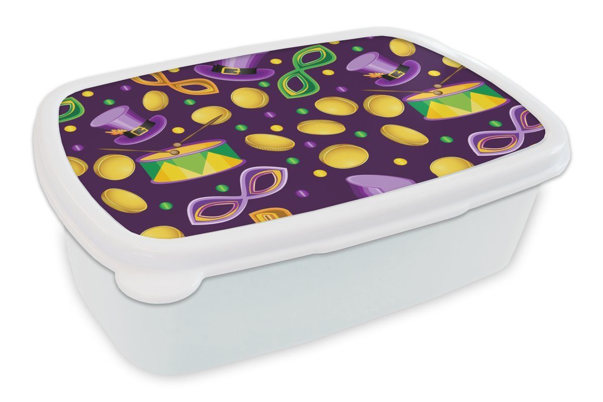 Brotdose, Lila Party Brotbox Kinder weiß (2-tlg), Jungs Mädchen - und - für Erwachsene, für und - Muster, Kunststoff, Karneval Lunchbox MuchoWow