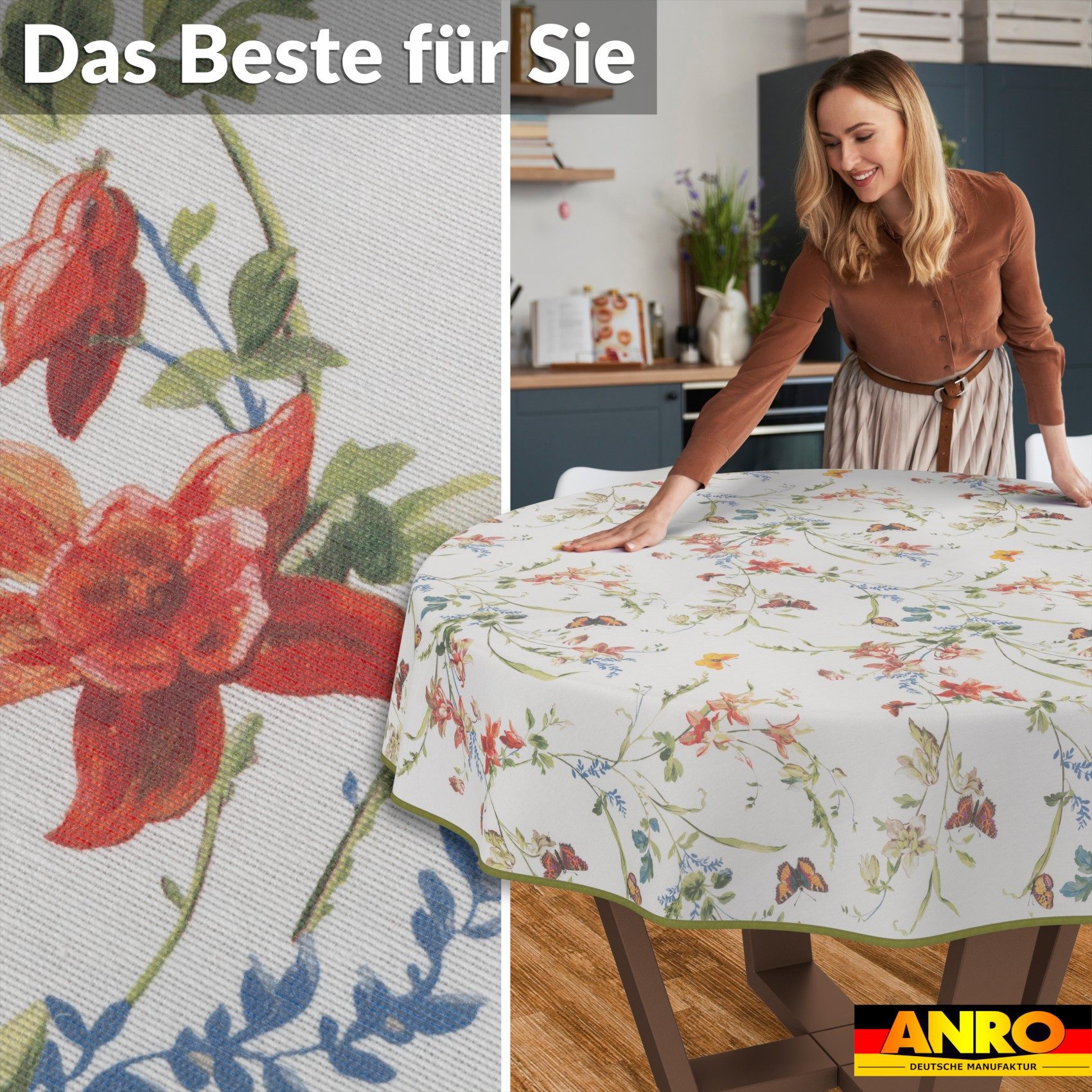 ANRO Tischdecke Gartentischdecke 3.0 abwaschbar Schmetterling Garten Tischwäsche (Einzelstück 1-tlg), wasserabweisend PU-Beschichtet Ruhig Orange Rund 100cm