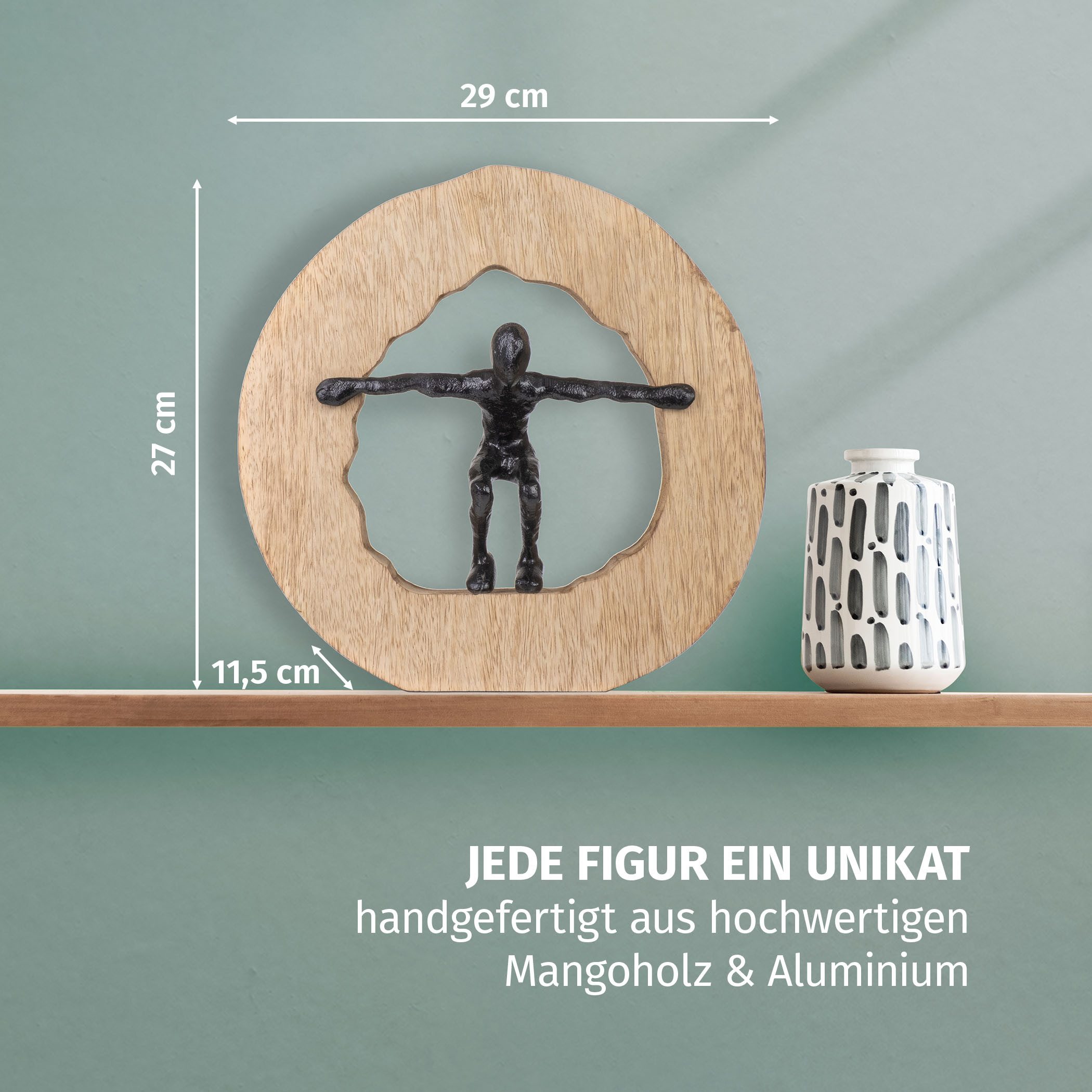 Moritz Skulptur Dekofigur Mann im Kreis aus Aluminium und Mangoholz, Holz, Tischdeko, Fensterdeko, Wanddeko, Holzdeko, Weihnachtsdeko