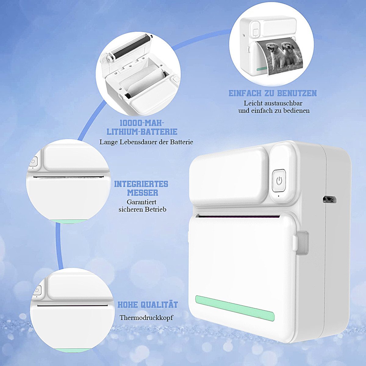 MOPUEA Thermodrucker Kompatibel für iOS Android Etikettendrucker Bluetooth Etikettendrucker, (Bluetooth-Fotodrucker, WLAN (Wi-Fi),Blau Mini-Drucker, mit 6 Farbstift, 5 Druckpapier, 5 selbstklebendes Thermopapier, 3 Farbdruckpapier)