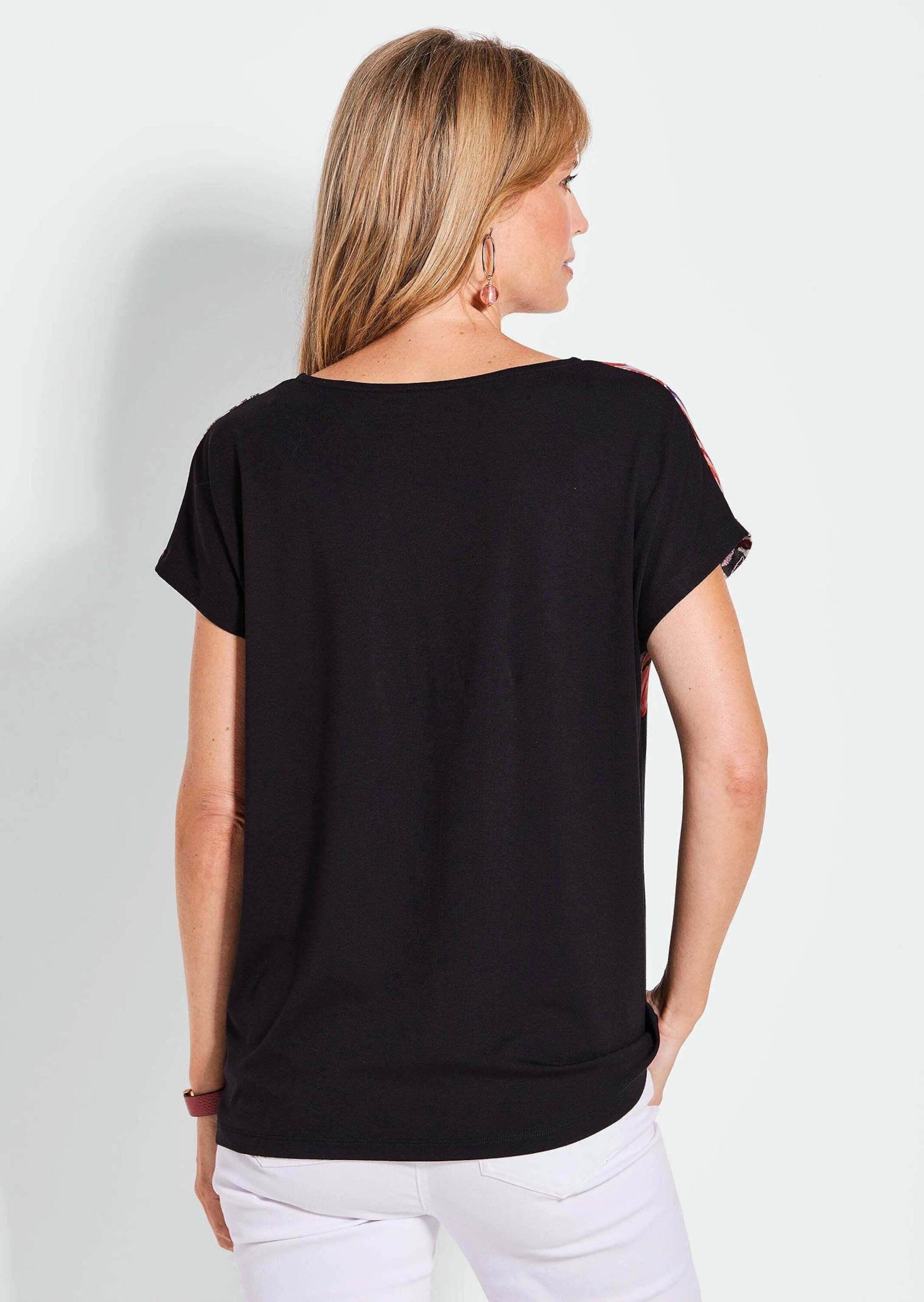 GOLDNER T-Shirt Elegantes Oberteil mit Ethno-Muster Kurzarmbluse mit U-Boot-Ausschnitt, Viskose-Jersey, figurumspielend