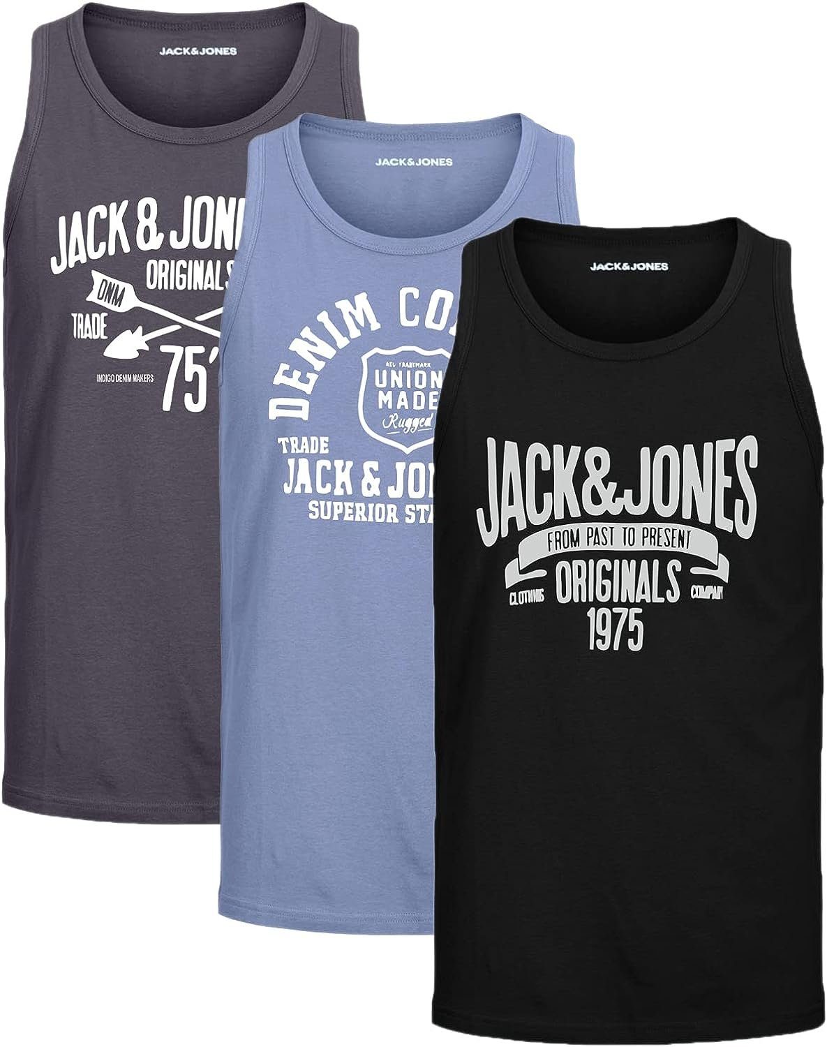 Jack & Jones Tanktop (3er-Pack) in unifarbe, mit Rundhalsausschnitt, mit Print vorne Black-OPt1