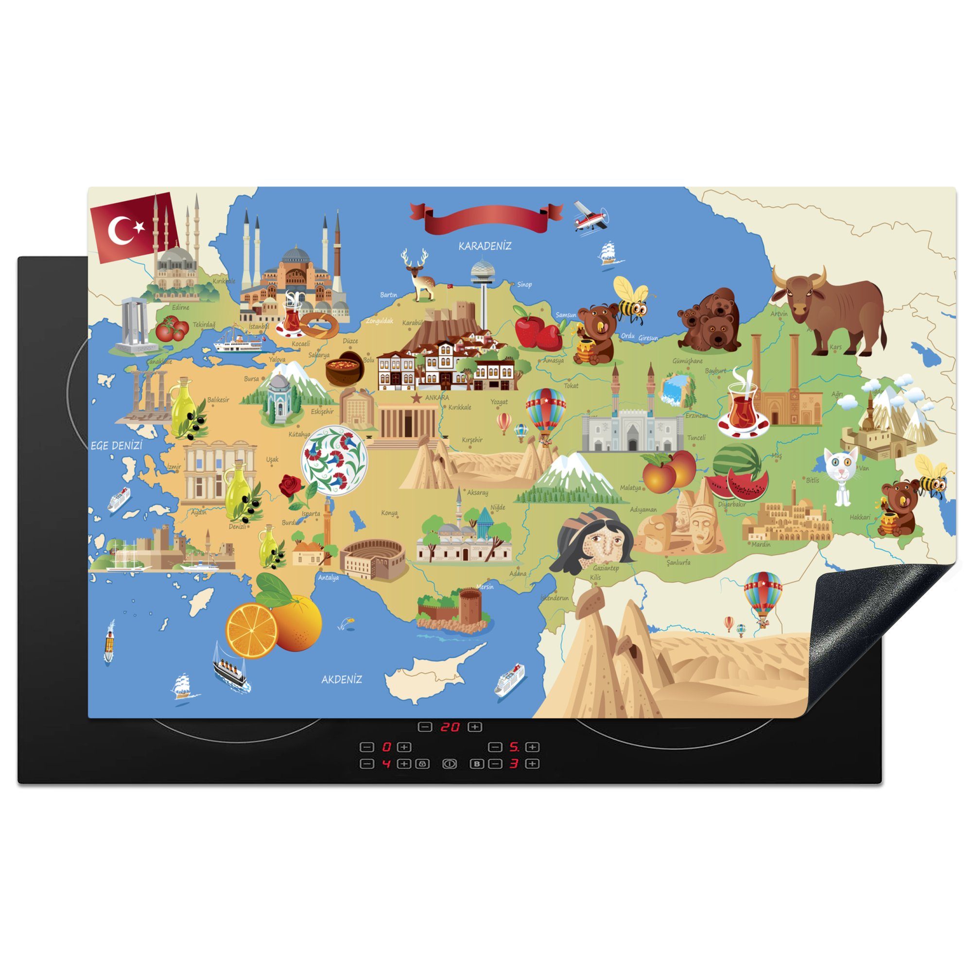 MuchoWow Herdblende-/Abdeckplatte Illustrierte Karte der Türkei, Vinyl, (1 tlg), 83x51 cm, Ceranfeldabdeckung, Arbeitsplatte für küche