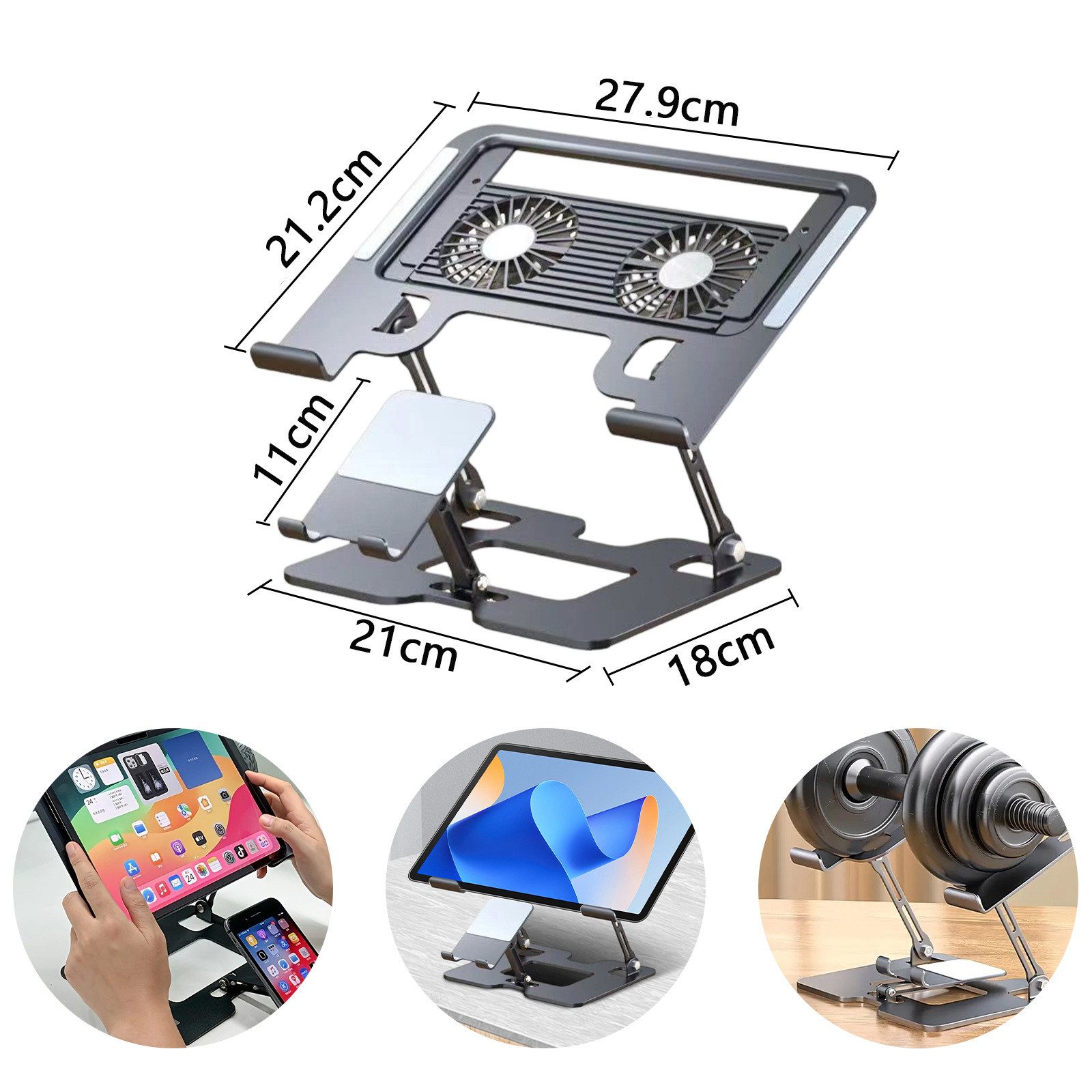 Vornix Notebook-Kühler Laptopständer verstellbar mit Doppel-Lüfter RGB-Beleuchtung, faltbarer Notebook-Ständer für Laptop Tablet Smartphone – Bild 5 von 5