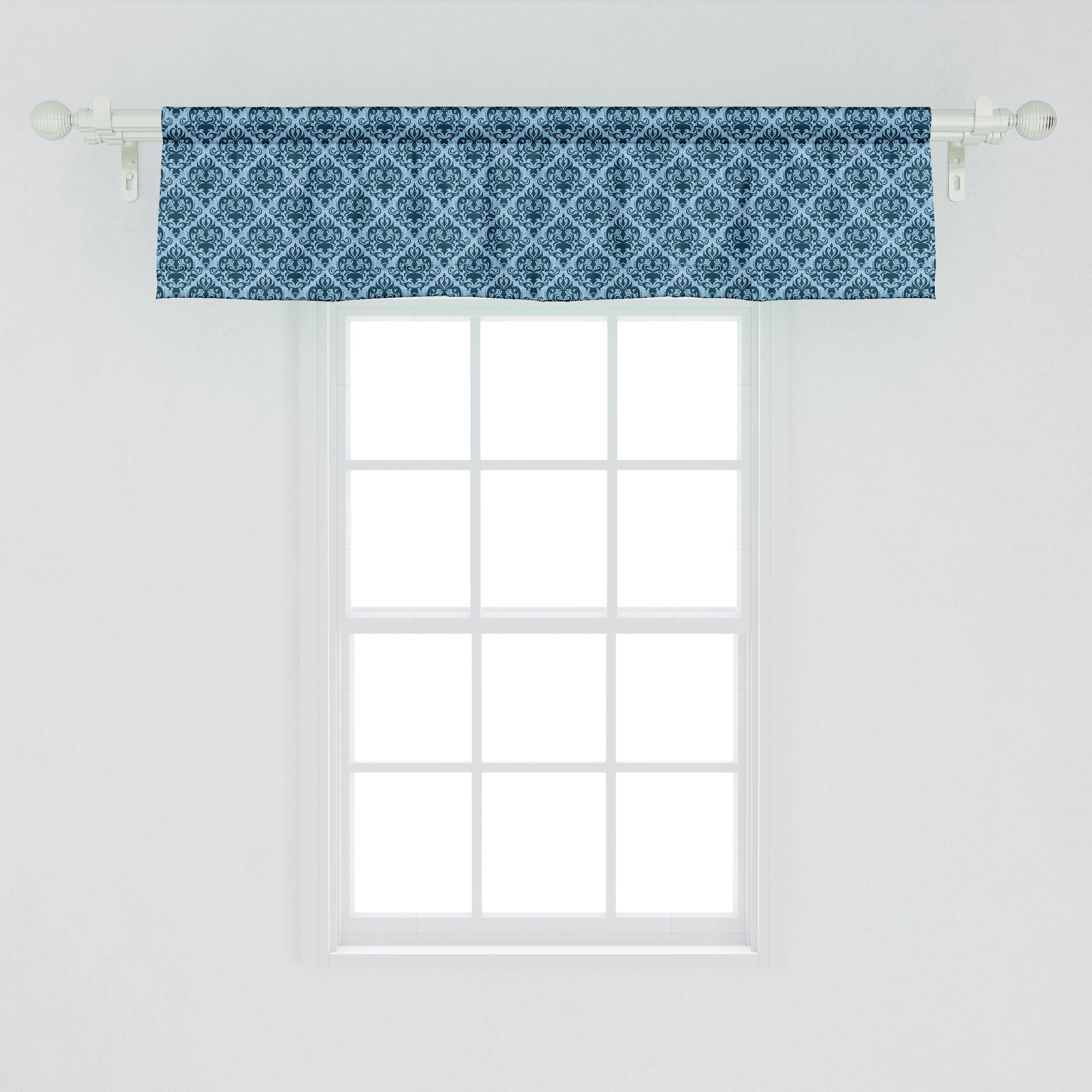 Scheibengardine Vorhang Volant für Küche Abakuhaus, Damast Schlafzimmer Blau Rokoko Dekor Microfaser, mit Wirbler Victorian Stangentasche