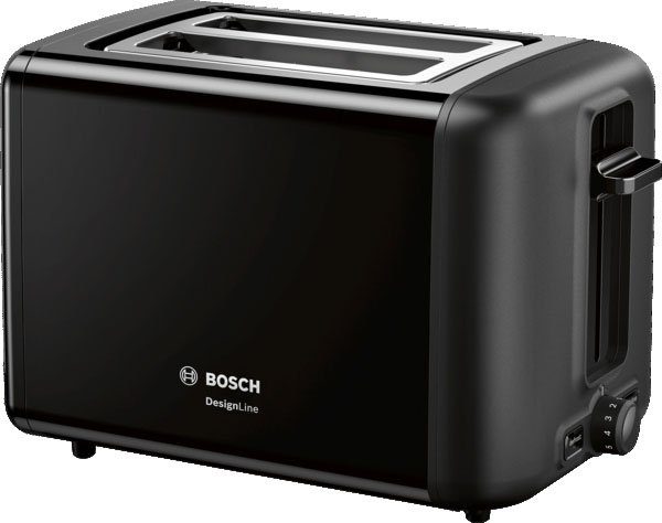 BOSCH Toaster DesignLine TAT3P423DE, Integrierter Edelstahl-Brötchenaufsatz, 2 kurze Schlitze, 820 W, Abschaltautomatik, Auftaufunktion, Liftfunktion, Breit, schwarz