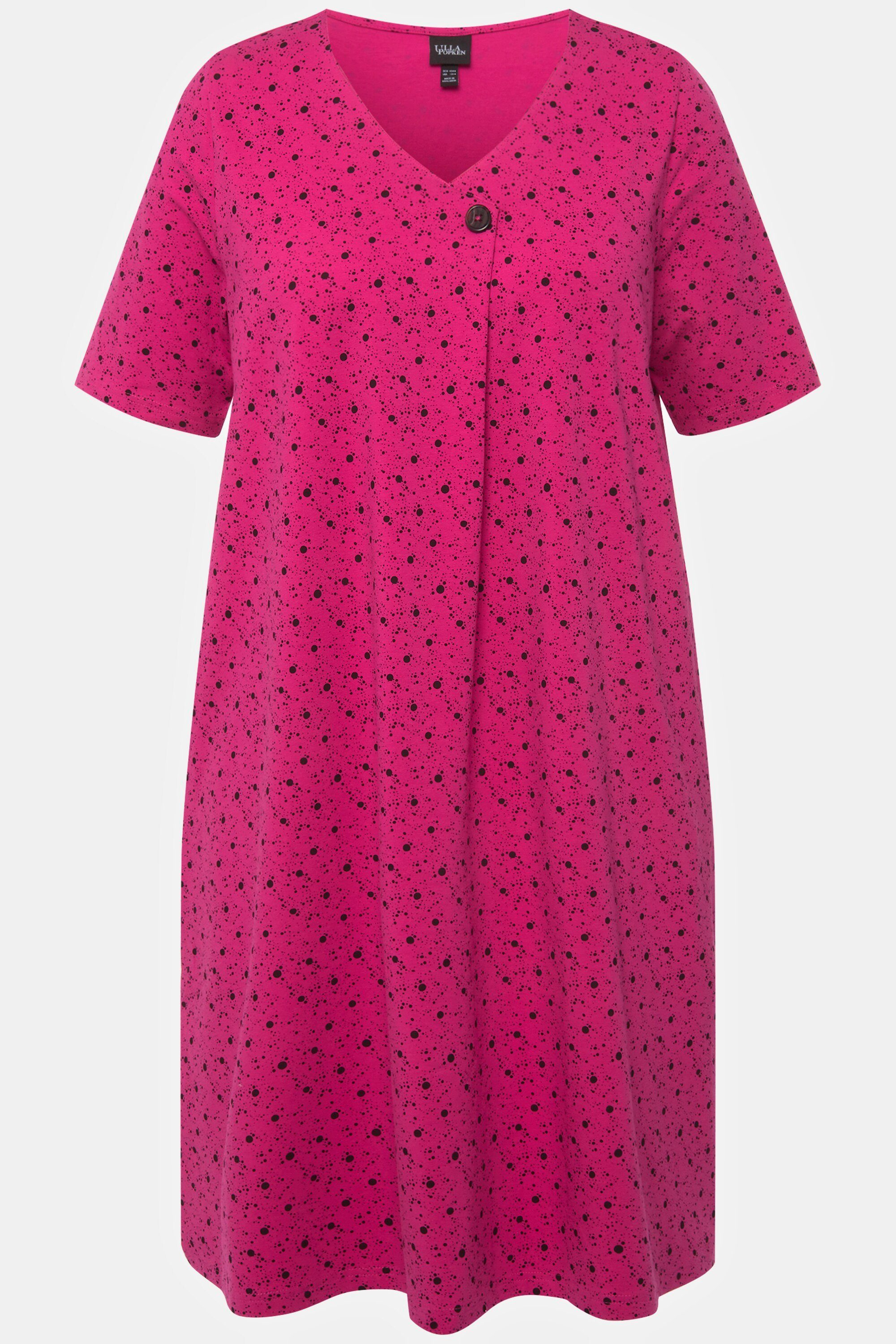 fuchsia Punkte Halbarm pink Ulla V-Ausschnitt A-Linie Popken Kleid Jerseykleid