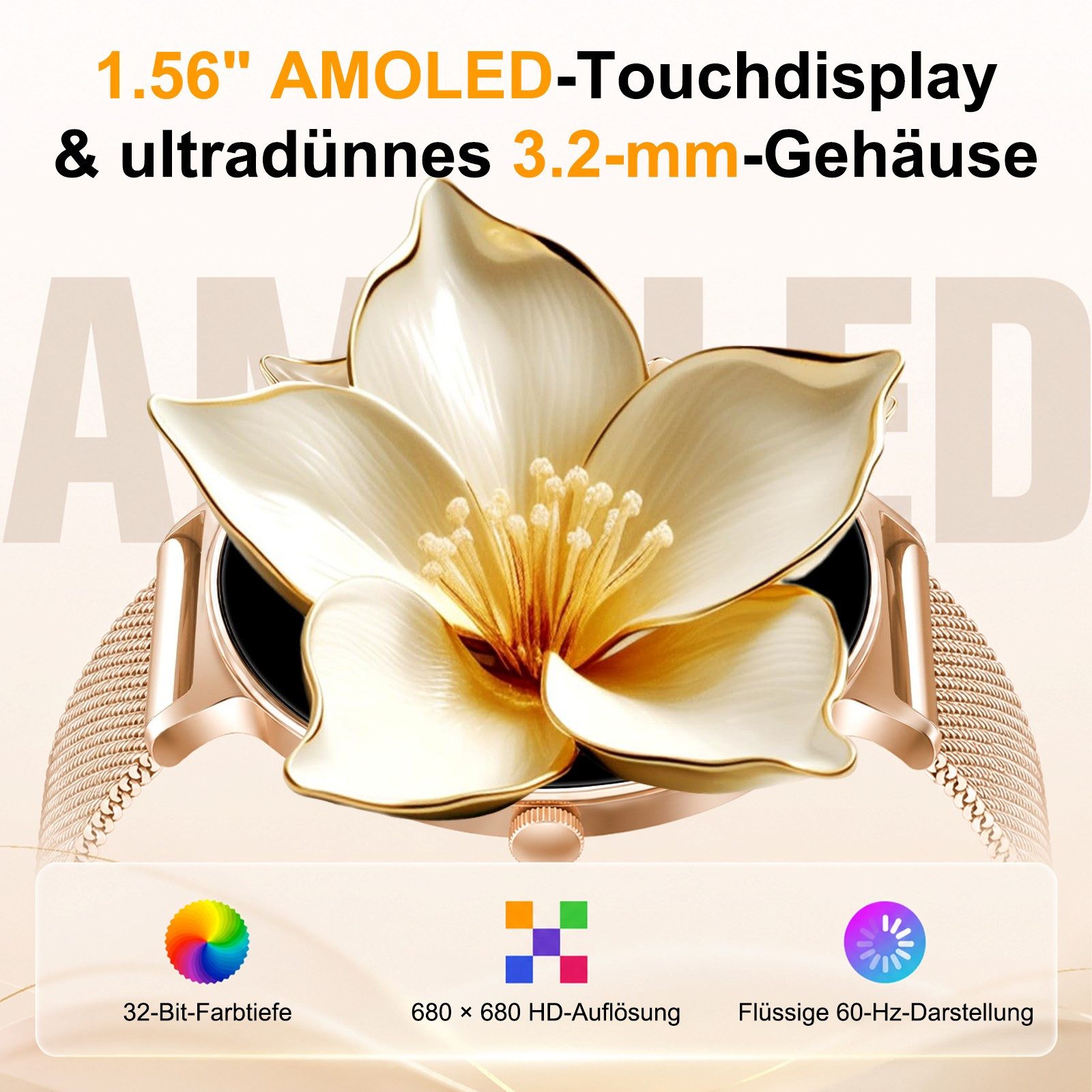 SWGOTA 2026 Smartwatch Damen Ultradünn mit 1,56" AMOLED und 20 Tage Akku Smartwatch IP68+5ATM Fitnessuhr mit 150+ Sportmodi und Bluetooth-Anruf, sowie SpO2-, WhatsApp Benachrichtigungen, Herzfrequenz-, Blutdruck- und Schlafüberwachung für Android und iOS