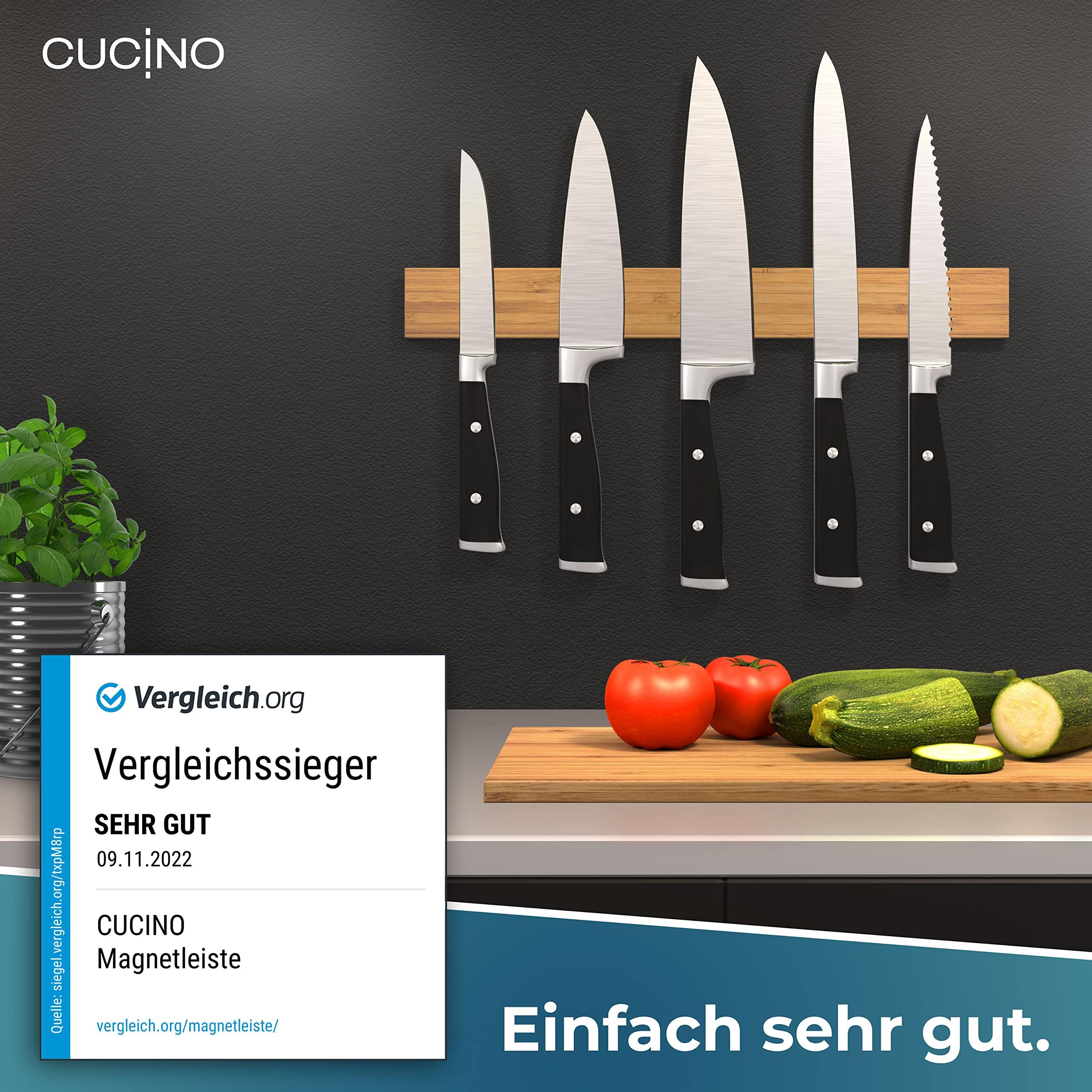 CUCINO Messerleiste mit extra starkem Magnet, Messer Magnetleiste selbstklebend, Einfache Montage mit 3M Klebeband ohne Bohren