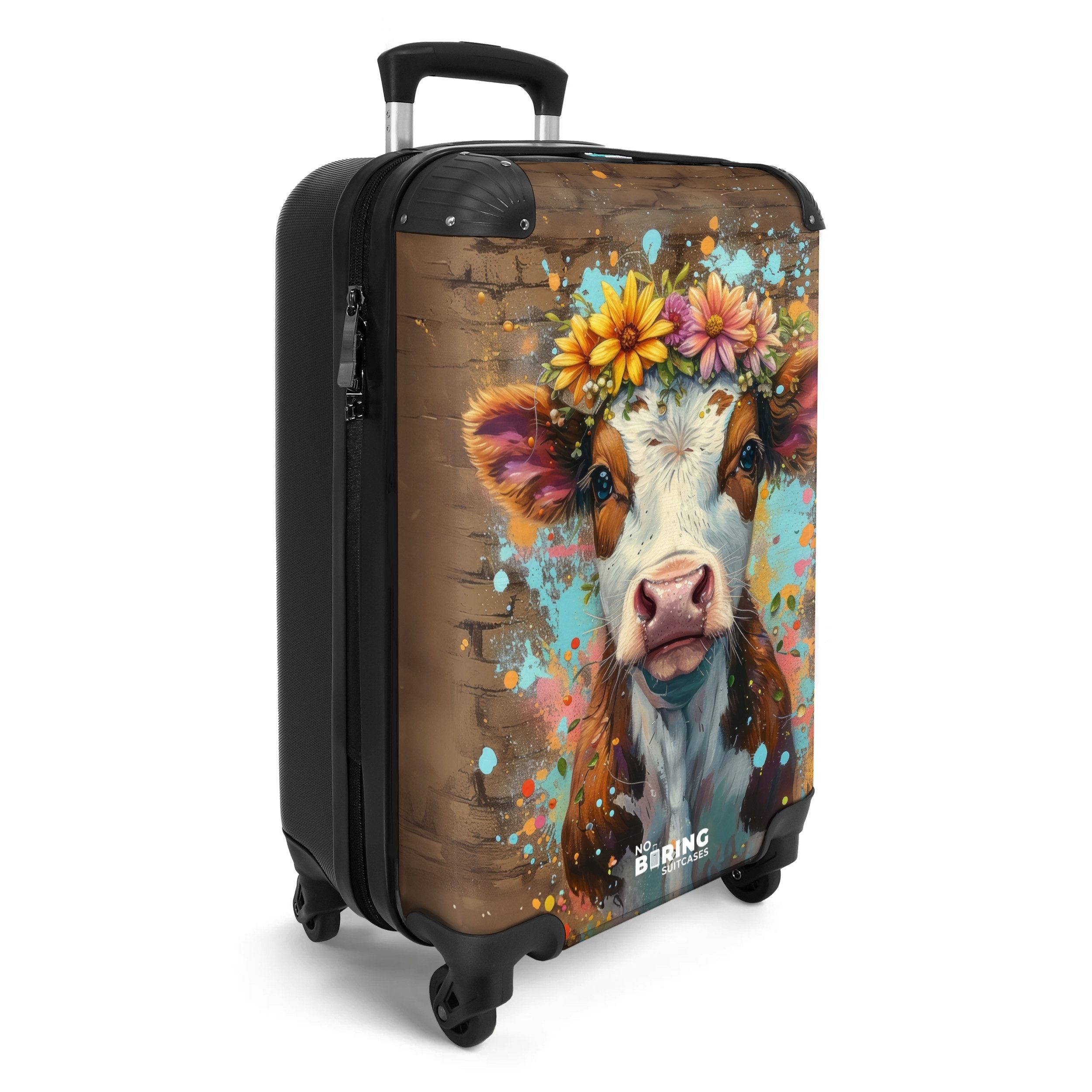 NoBoringSuitcases.com© Hartschalen-Trolley Graffiti-Kuh mit bunten Blumen günstig online kaufen