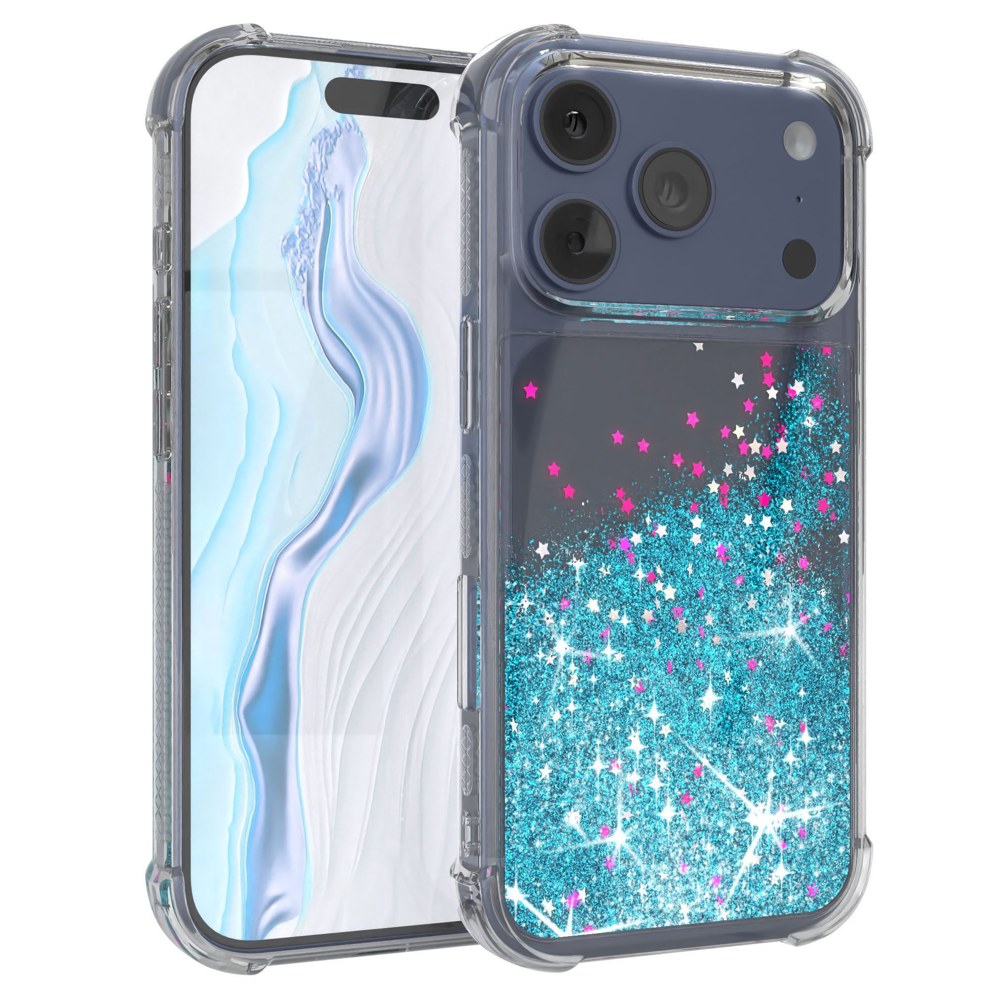 EAZY CASE Handyhülle Liquid Glittery Case für Apple iPhone 17 Pro 6,3 Zoll, Gloss Slimcover Girly Backcover Bling Phone Case kratzfeste Cover Blau