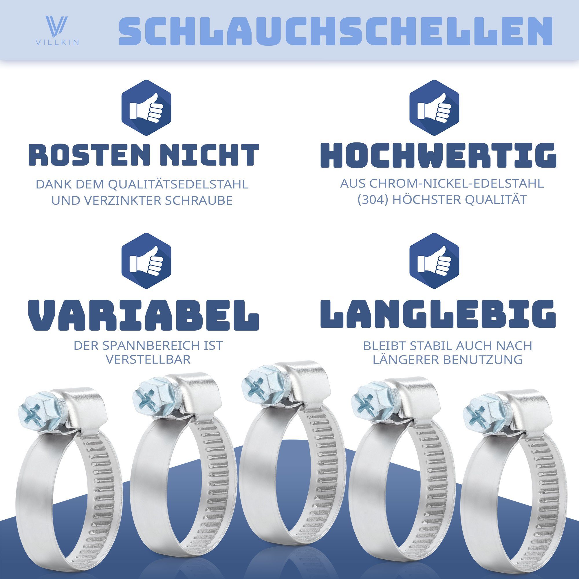 Villkin Schlauchschelle Schlauchklemme, Rohrschelle, Schlauchhalterung - Edelstahl (10-70cm), (10-St)