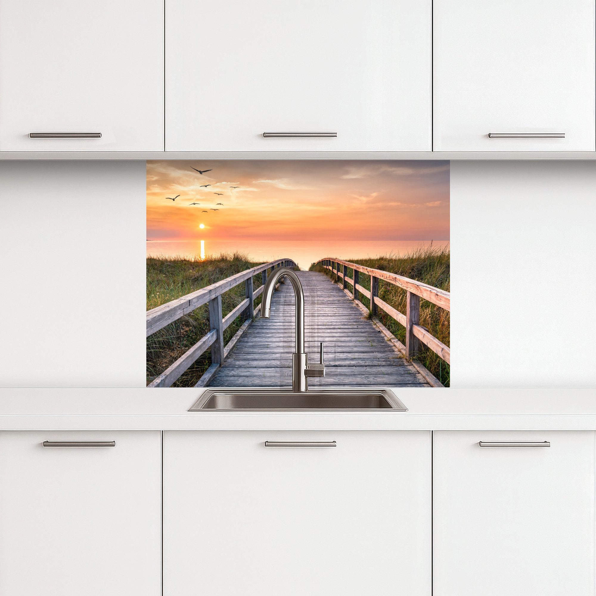 KitchenYeah Küchenrückwand selbstklebend Sonnenuntergang - Meer - Weg - Gra günstig online kaufen