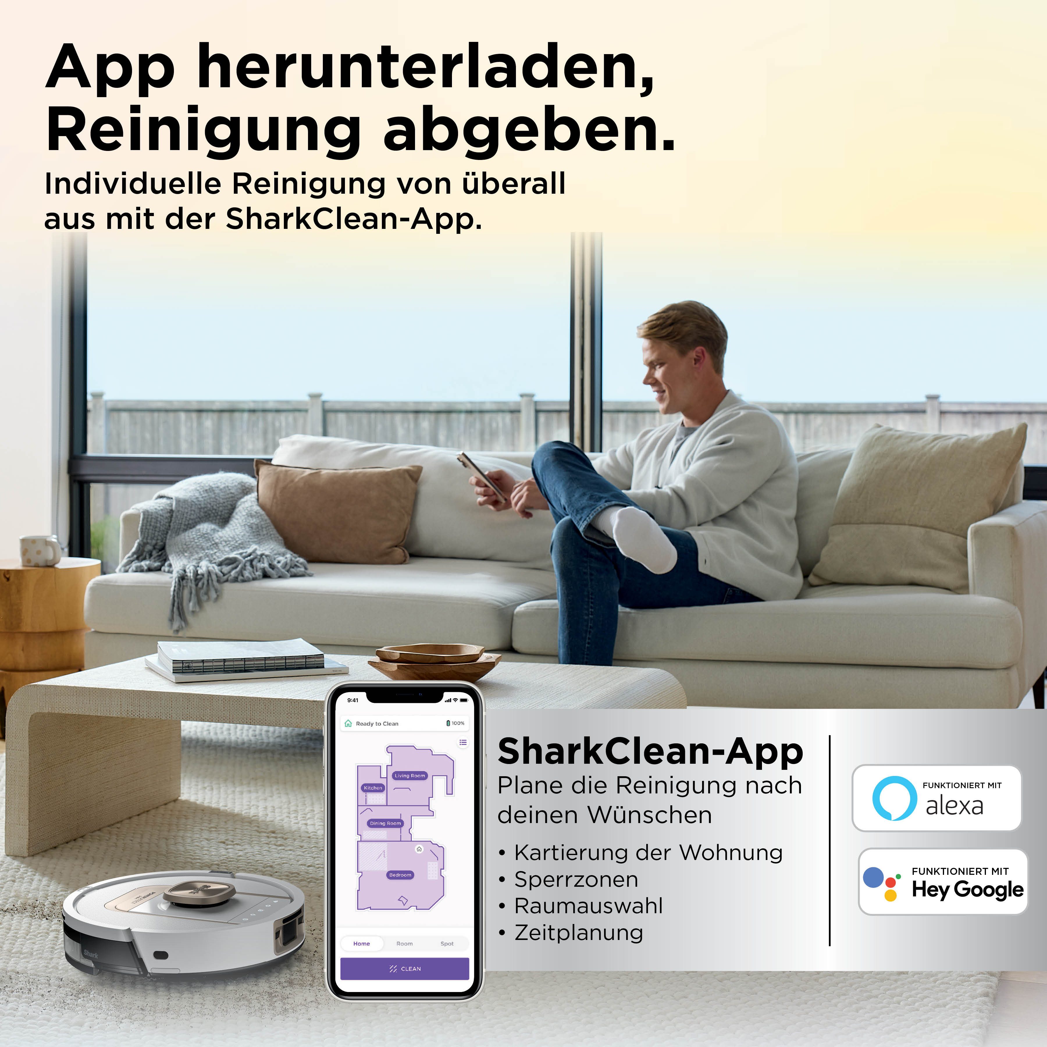 Shark Saugroboter Shark ThermaCharged PowerDetect Saugroboter RV2900XEEUWH, 650 W, beutellos, beheizte Basisstation verwendet 85°C heißes Wasser und 80°C warme Luft