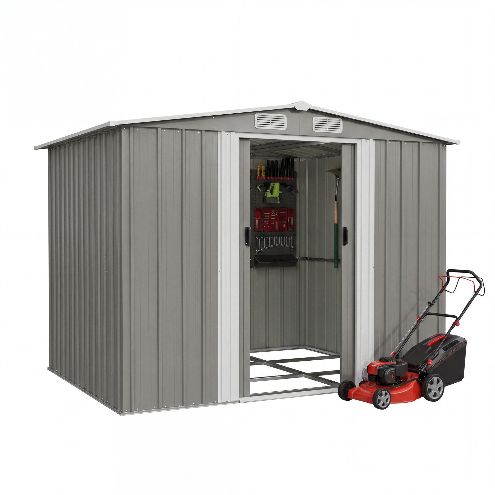 GUNJI Gerätehaus Metall Geräteschuppen Inkl. Stahlfundament, Gartenhaus mit Pultdach, M: 1,8m x 1,1m, L: 2.3m x 2m, XL: 2.4m x 3m, Doppelschiebetür