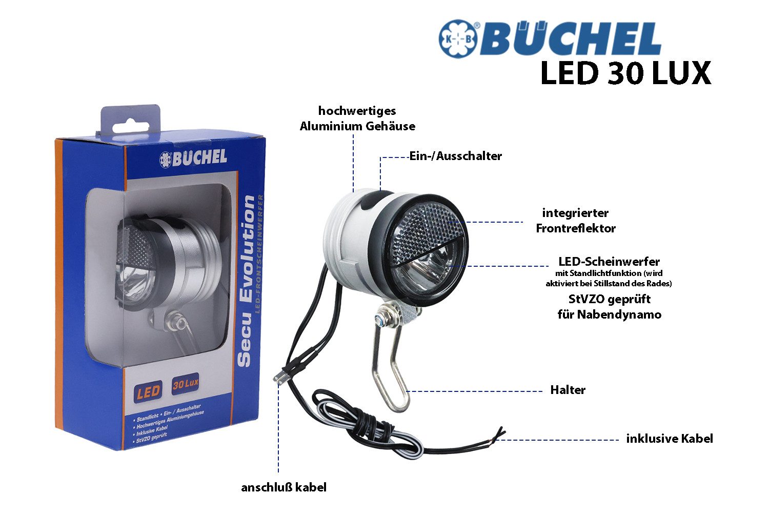 Büchel Fahrrad-Frontlicht Fahrrad LED Scheinwerfer Beleuchtung Licht 30 Lux StVZO Secu Evolution