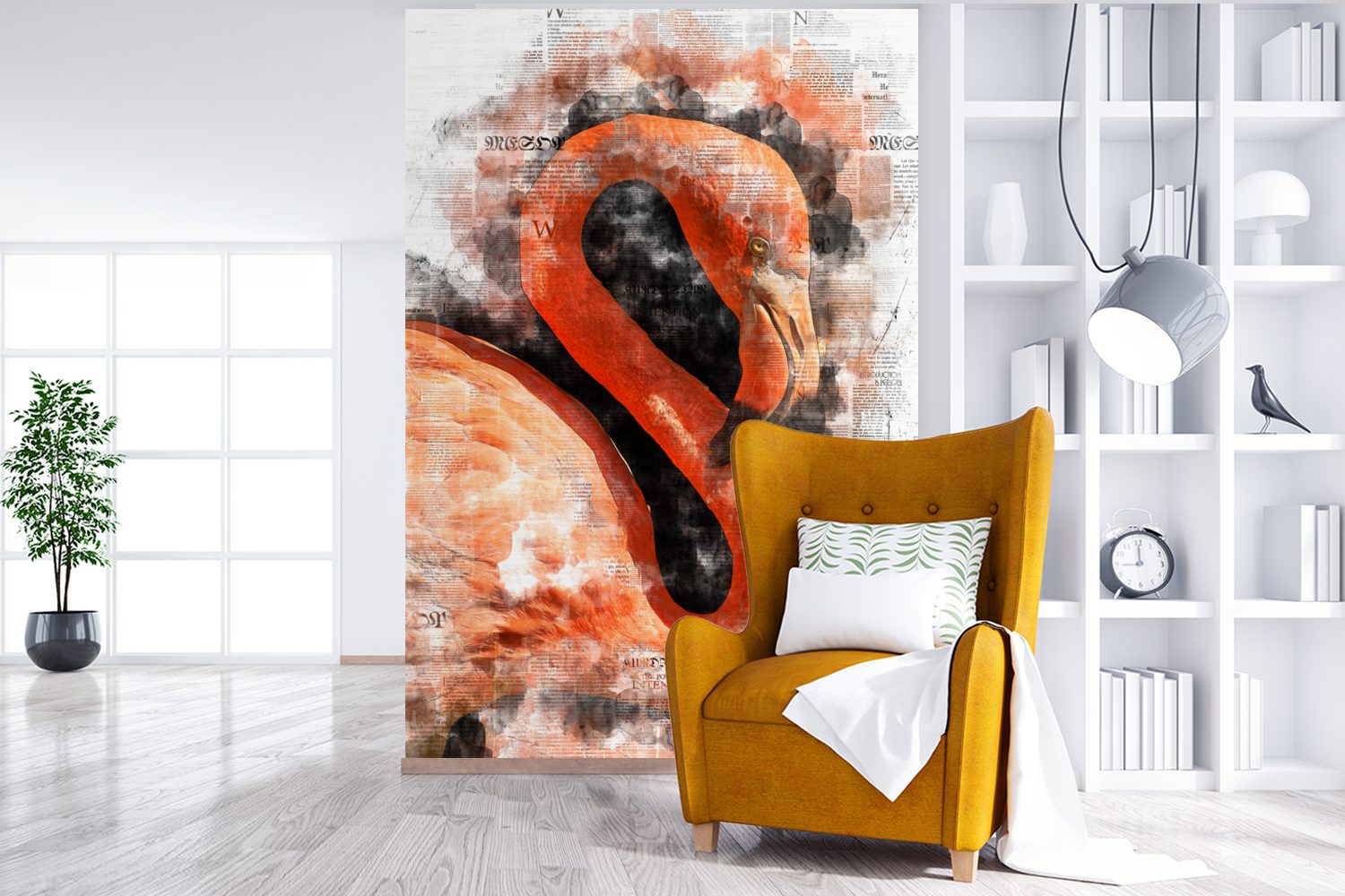 St), für Wohnzimmer, Montagefertig Flamingo Zeitung, - Porträt Wandtapete MuchoWow Tapete - Fototapete (3 bedruckt, Vinyl Matt,