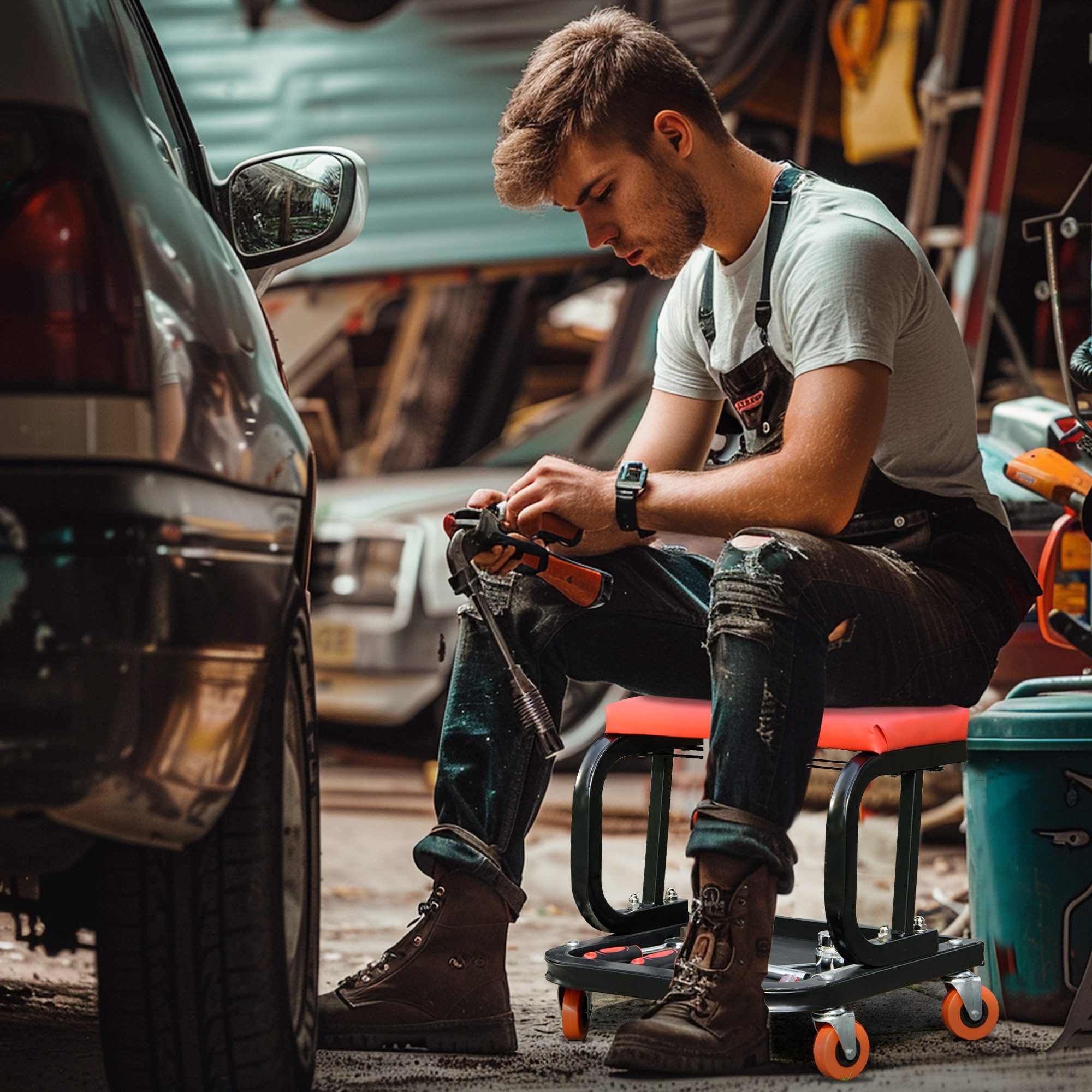 HOMCOM Монтажные стулья mit gepolstertem Sitz und Инструментablage für Garage, Werkstatt (Autoreparatur-Hocker, 1 St., Mechanikerhocker), 100 kg belastbar, Rot