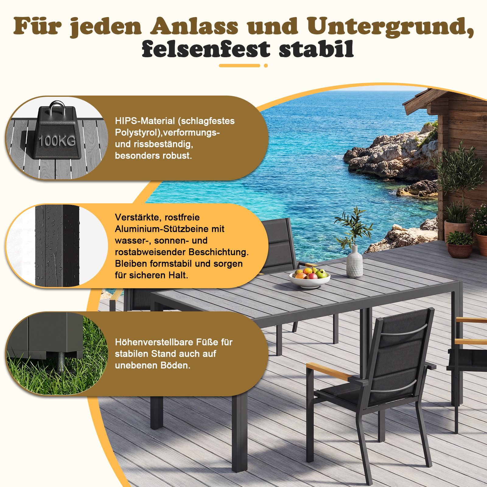 HOMALL Gartentisch Holzoptik Esszimmertisch 100kg Belastbarkeit, für 4-10 Personen (150/180cm Garten-Esstisch wetterfest Aluminiumrahmen Verstellbare Füße, für  – Bild 5 von 5