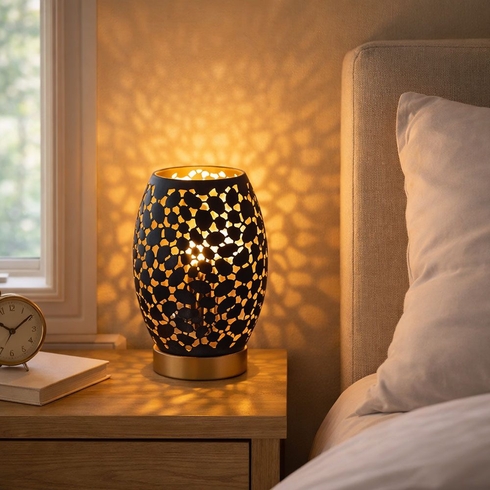 GLOBO LIGHTING LED Tischleuchte, Leuchtmittel inklusive, Warmweiß, Nachttischleuchte Tischlampe LED Dekorstanzungen schwarz gold