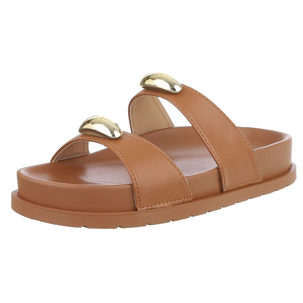 Ital-Design Bequeme Damen-Sandalen mit goldenen Details – Beige Pantolette günstig online kaufen