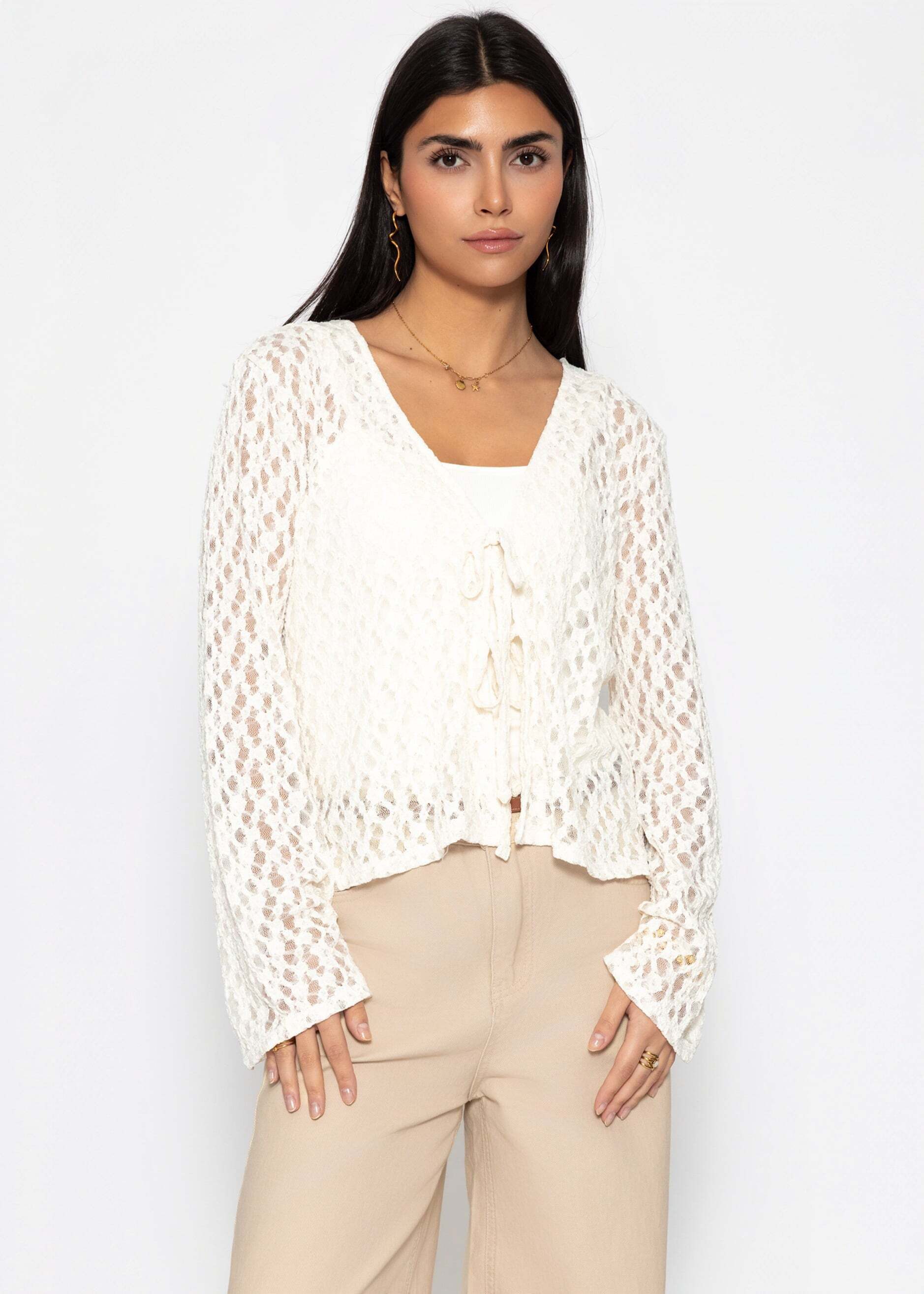 SASSYCLASSY Blusenjacke Spitzen Blusenjacke mit Bindebänder Damen Leichtes Jäckchen mit tiefem V-Ausschnitt und ausgestellten Ärmeln