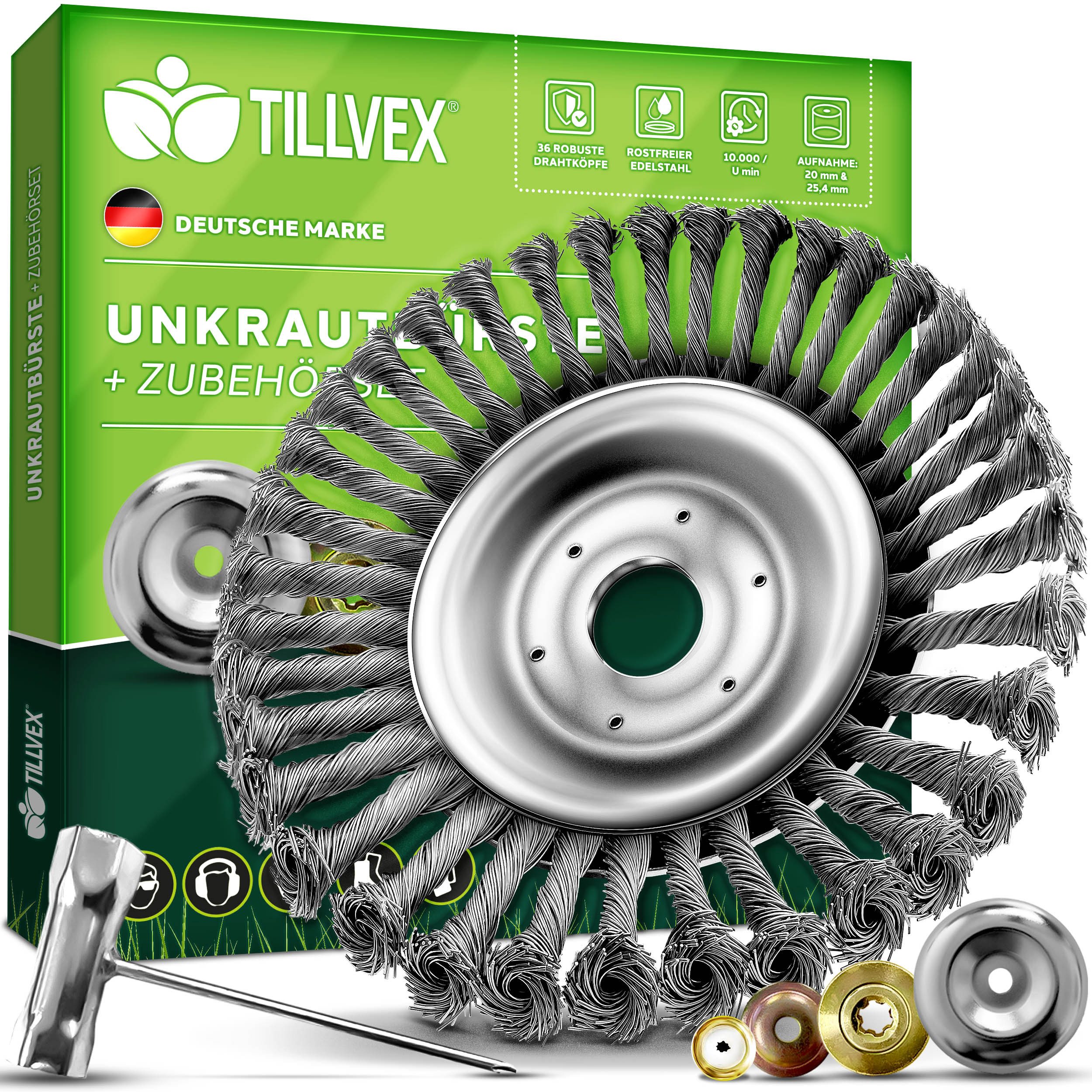 tillvex Benzin-Rasentrimmer Profi Unkrautbürste Wildkrautbürste Motorsense Freischneider, (Packung), Wildkrautbürste 25,4 & 20mm Bohrung Drahtbürste Bürste