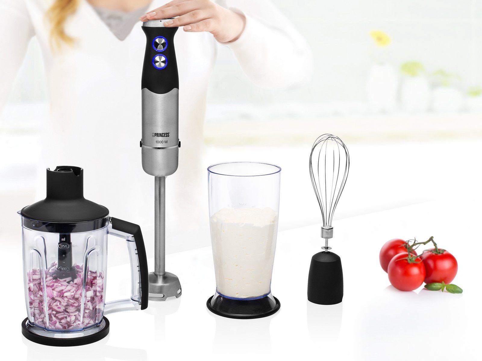 PRINCESS Stabmixer, 1000 W, SET Power Hand Küchen-Mixer Zauber Mix-stab Schneebesen & Zerhacker