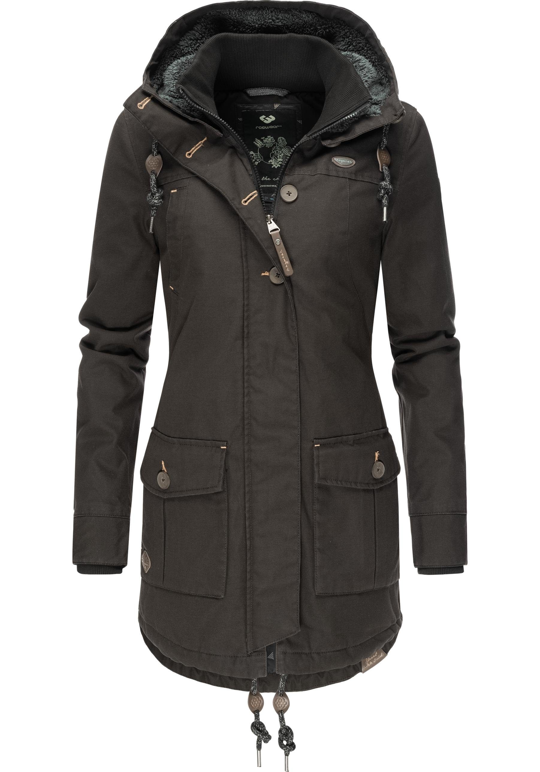 Ragwear Winterjacke Jane Black Label modischer Damen Winterparka mit Kapuze Rock