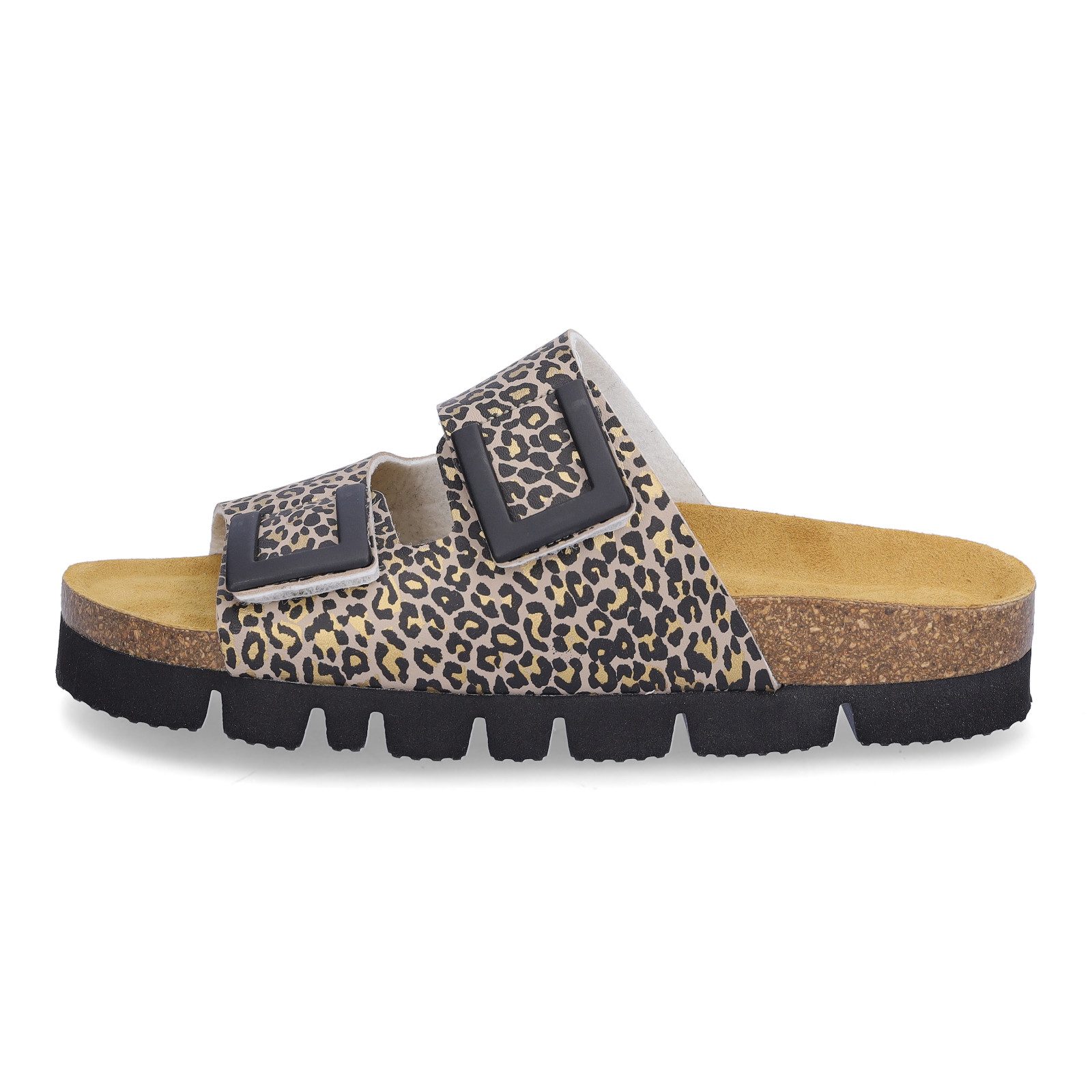 MIDS MIKA Damen Pantolette leo, Zweiriemer mit Animalprint, Klettverschluss und Lederfußbett