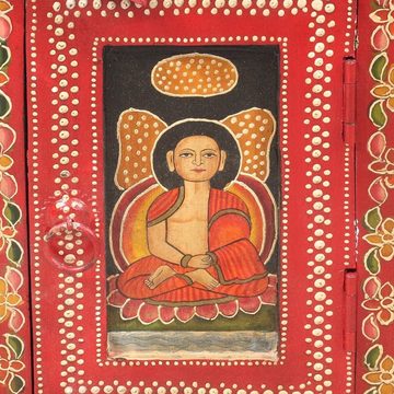 Oriental Galerie Mehrzweckschrank Kleiner Tibet Wandschrank Buddha Motiv Dunkelrot 45 cm