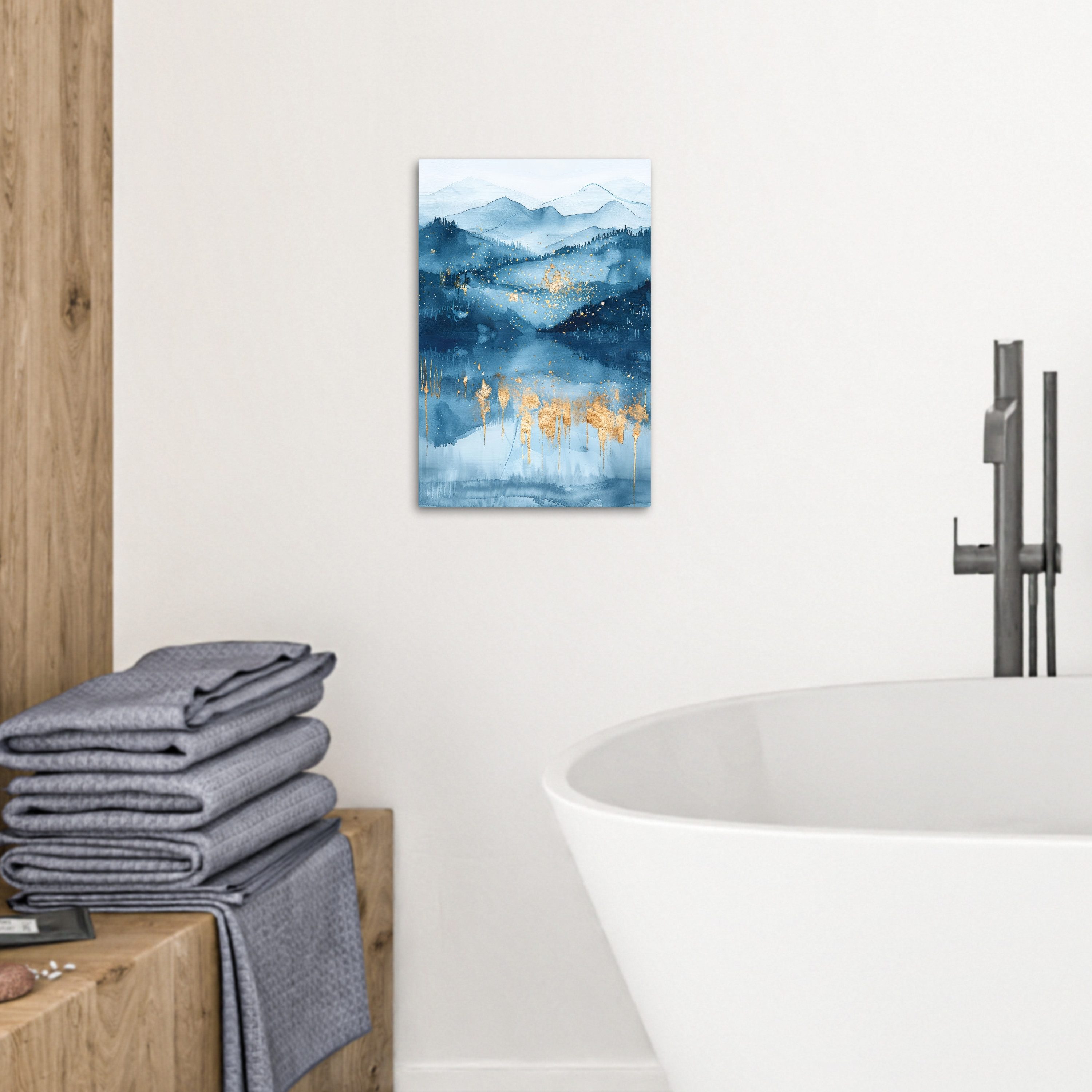 OneMillionCanvasses® Leinwandbild Landschaft - Blau - Modern - Gold - Abstrakt, Fotodruck (1 St), Badezimmer Deko, Bilder WC, Toilette Wanddeko 20x30 cm
