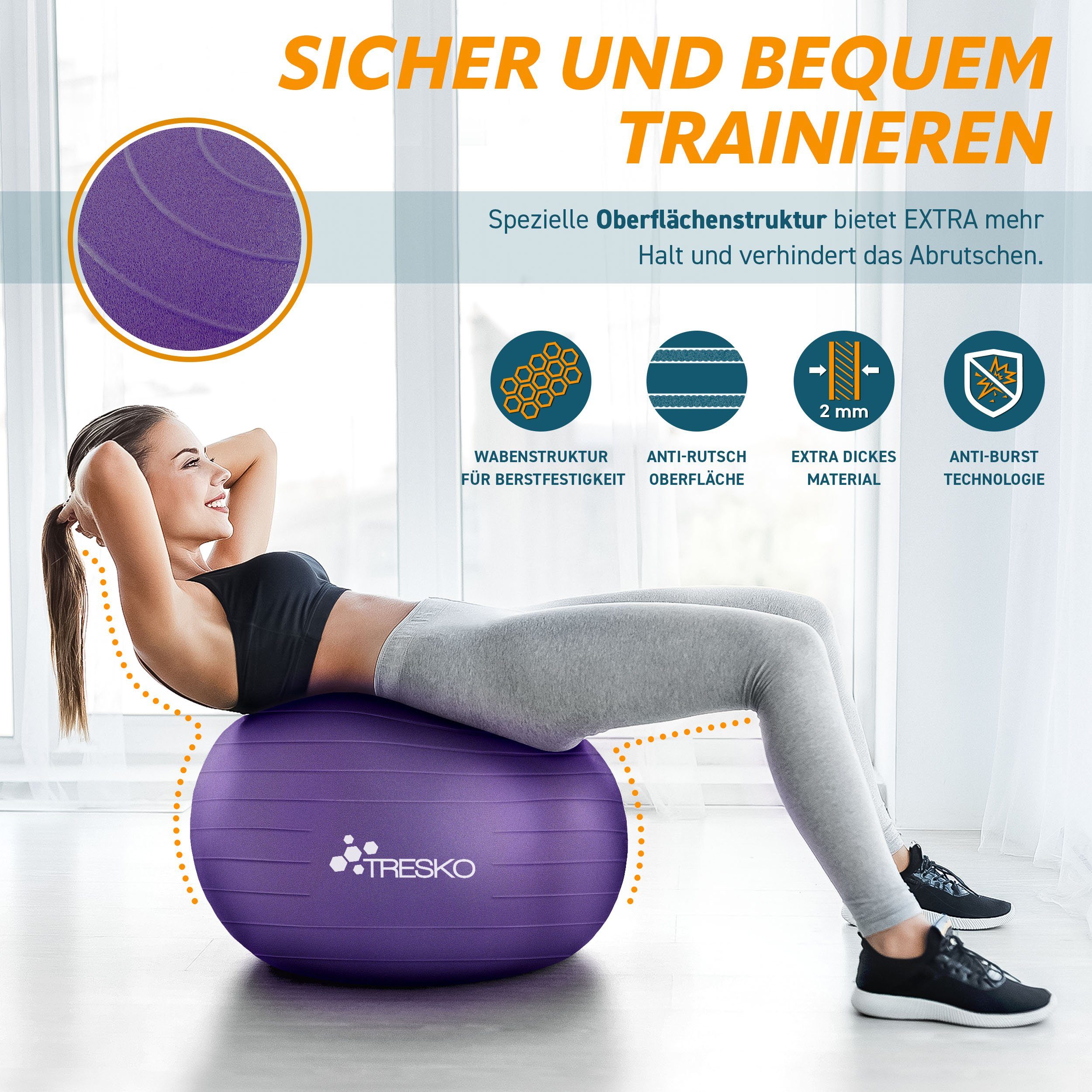 TRESKO Gymnastikball mit GRATIS Übungsposter inkl. Luftpumpe Yogaball, BPA-Frei Sitzball Büro Anti-Burst inkl. Luftpumpe, Fitnessball