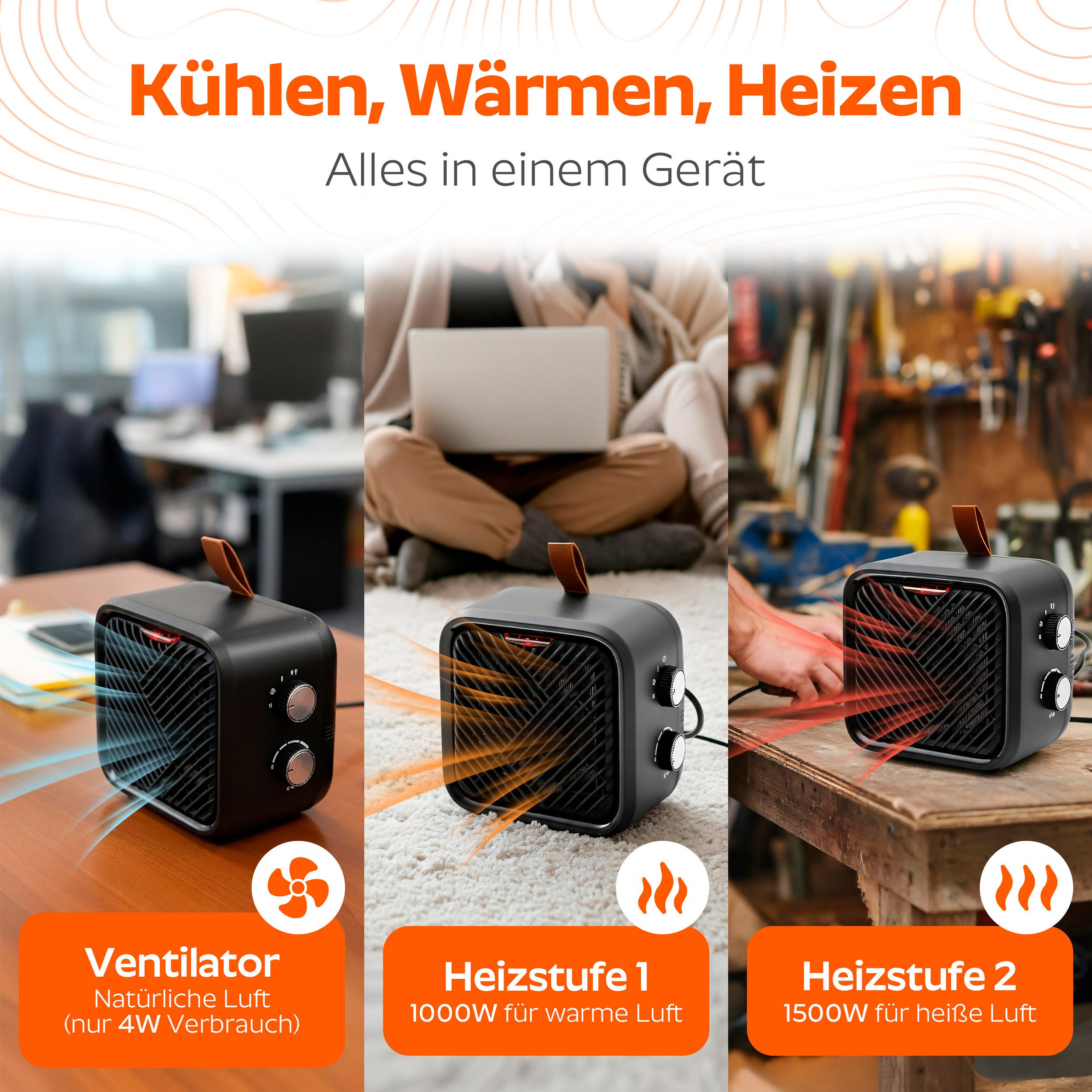Onbest Keramikheizlüfter Elektrischer Heizwürfel, Elektroheizer, 1500W, 3 Heizstufen, Thermostat, bis 20m²