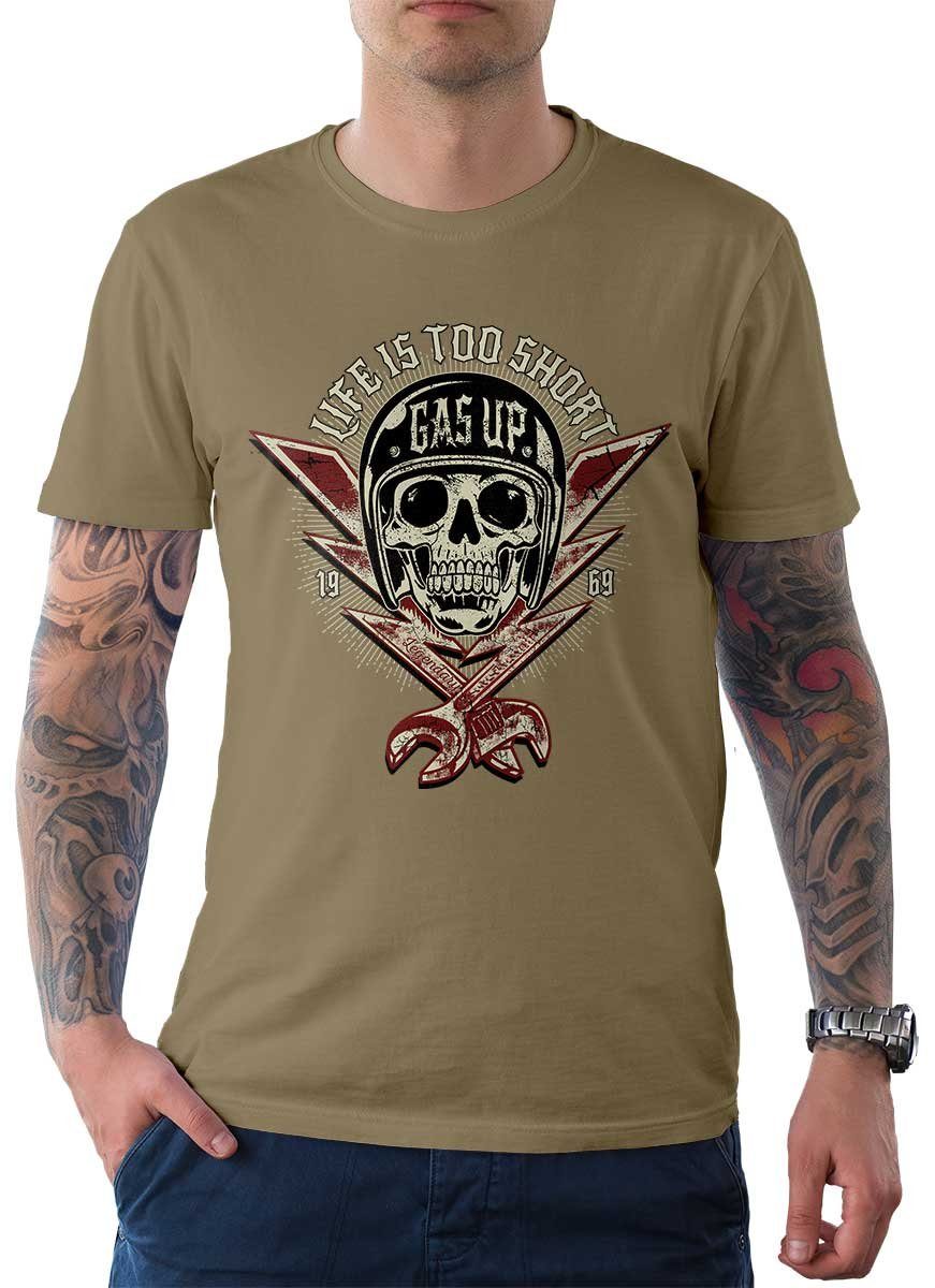 Motorrad Herren T-Shirt Rebel Motiv Gas Biker Wheels On Khaki T-Shirt Tee / mit Up