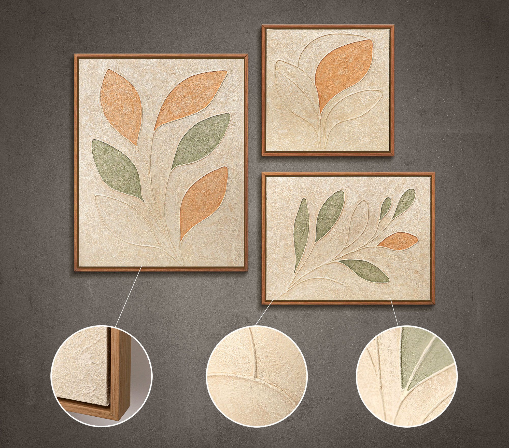 YS-Art Gemälde "Zarter Garten", Organische Formen (Set, 3 St), Wandbilder Set Natur Abstrakt – Bilder Set mit Rahmen für Wohnzimmer