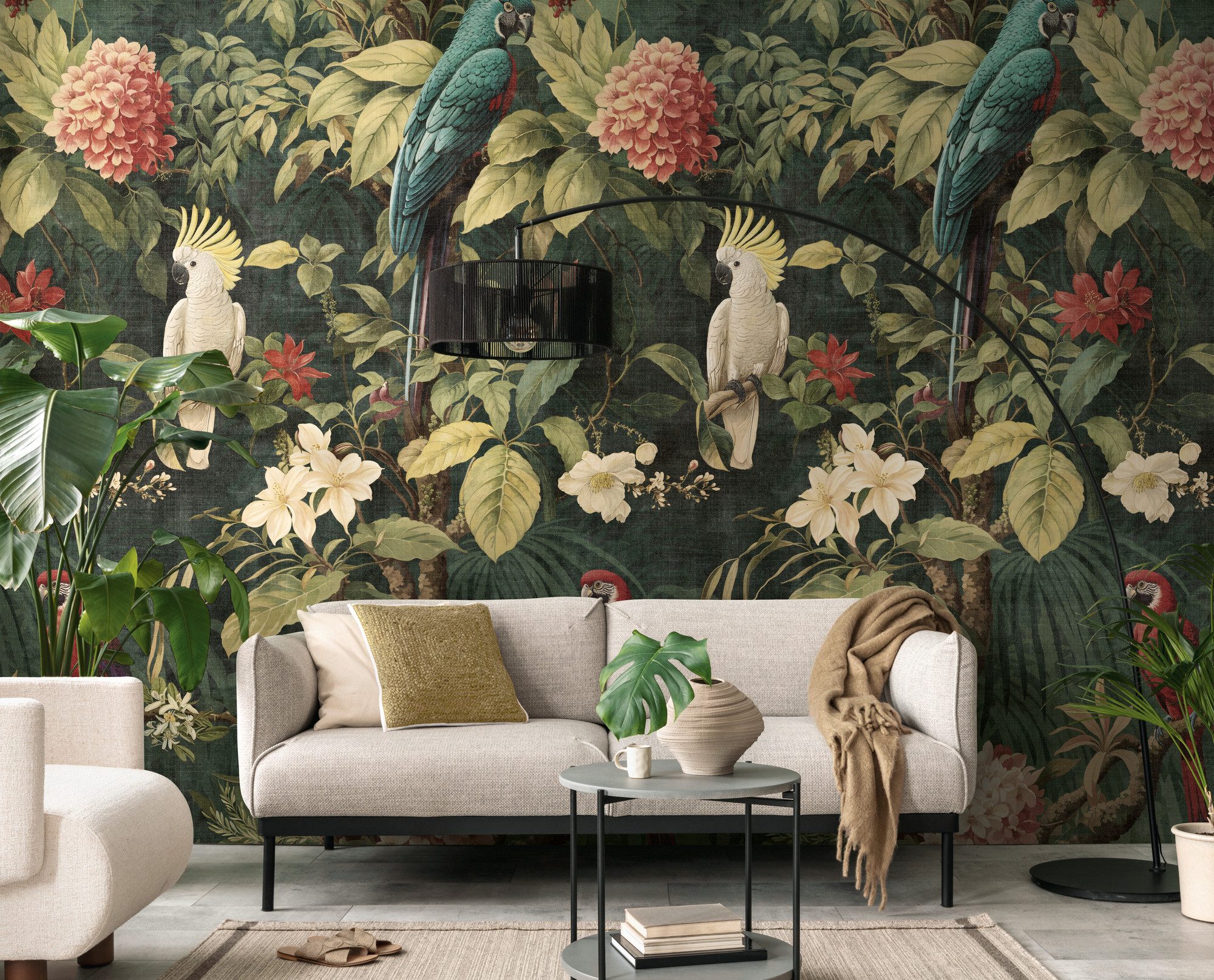 living walls Fototapete The Wall 4 Flowers – Tropischer Dschungel mit Vögeln Vlies-Fototapete, leicht strukturiert, floral, matt, botanisch, (1 St), Tropischer Dschungel mit Vögeln – atmosphärischer Tiefe