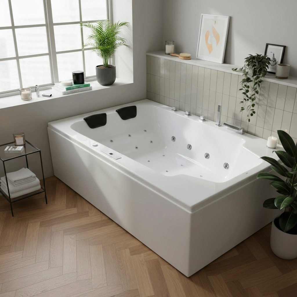 Caribia Whirlpool-Badewanne Classic Premium / 190x120 - 28 Düsen Wasserfall, LED & Bluetooth