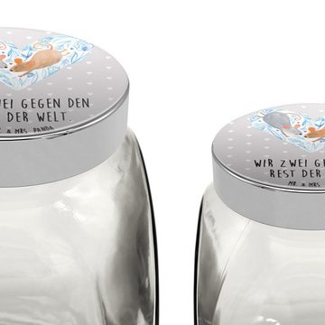 Mr. & Mrs. Panda Vorratsglas XL 2000ml Mäuse Herz - Grau Pastell - Geschenk, Küchenbehälter, Liebl, Premium Glas, (1-tlg), Stilvoll & Praktisch